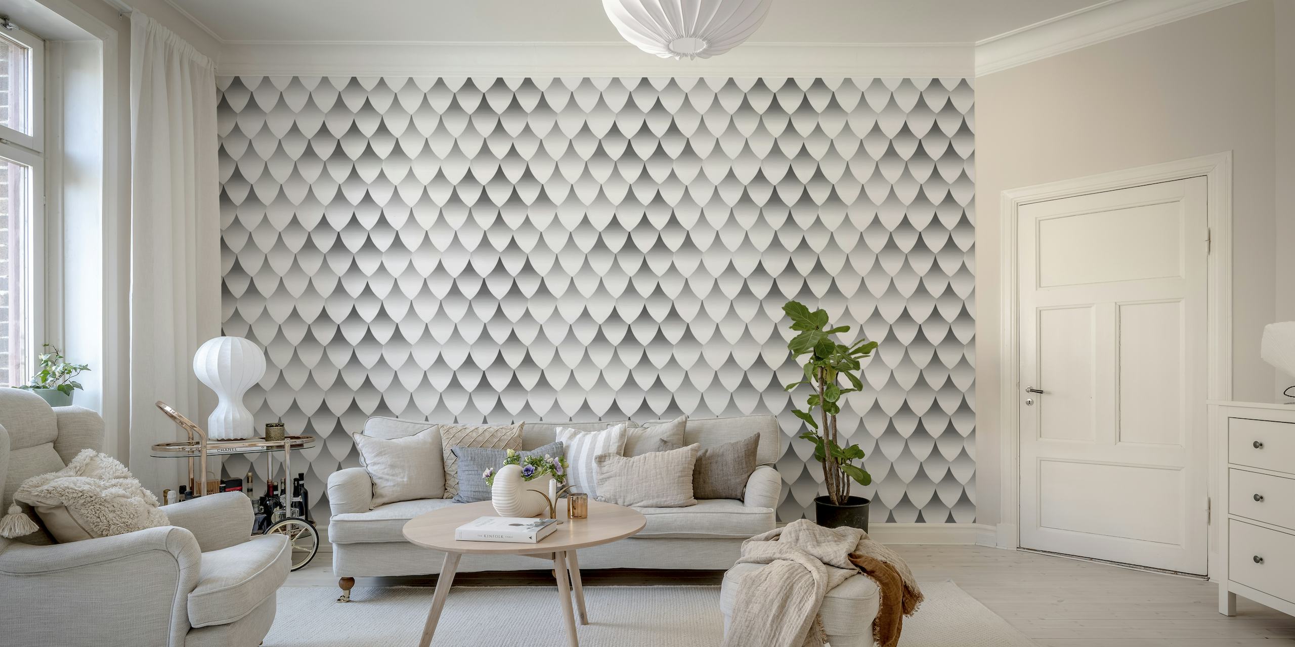 fotomural vinílico de parede com padrão de escala de sereia cinza para decoração de interiores
