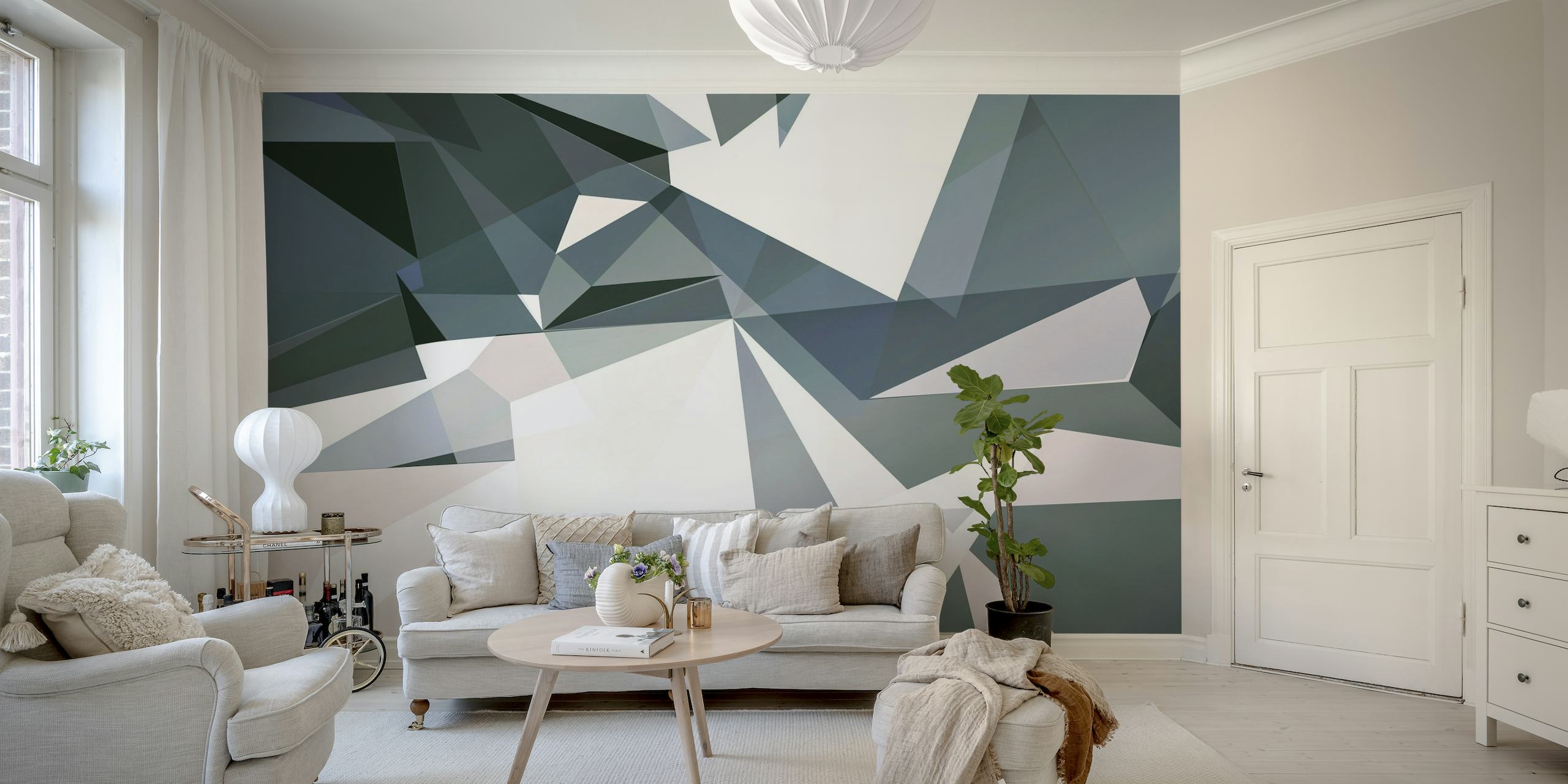 Papier peint mural Vintage Triangles v4 avec motif géométrique vert sourd et gris clair