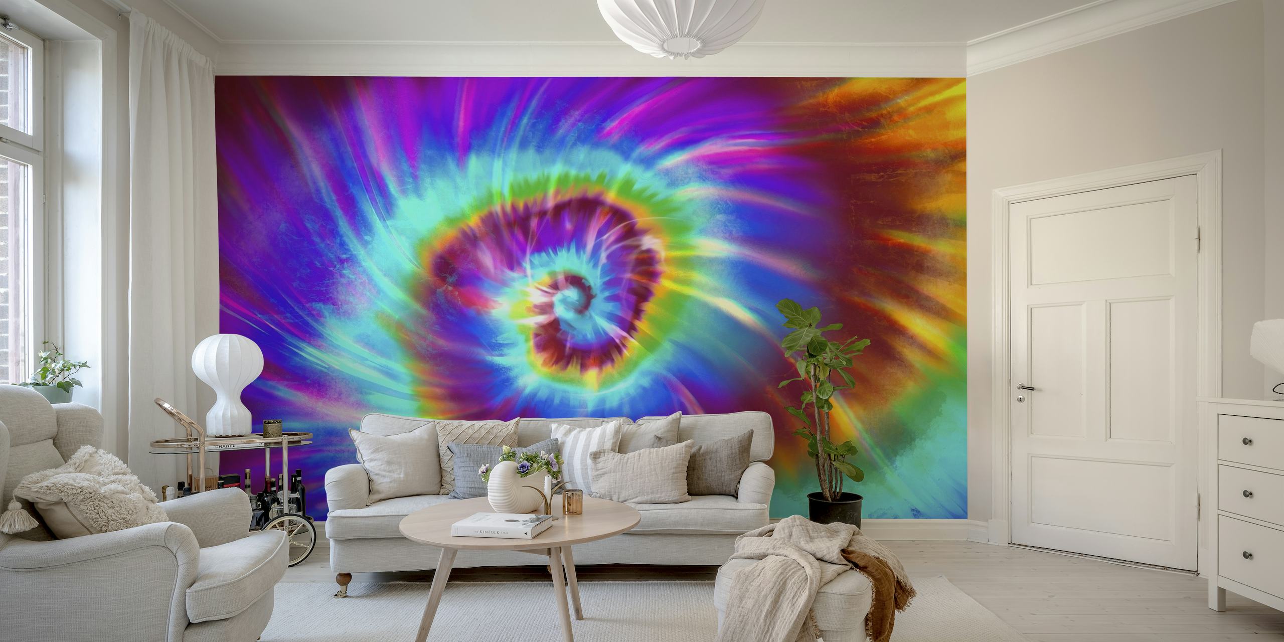 Colorful seventies-style hippie psychedelic wall mural with vibrant swirls and bold colors