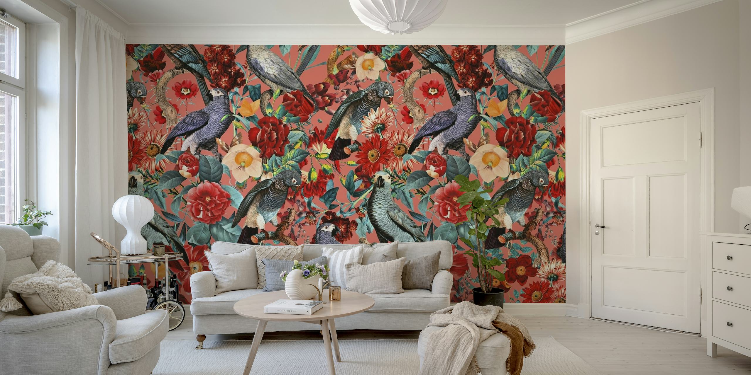 Vibrant floral and bird wall mural with a mix of colors and species in a lively design