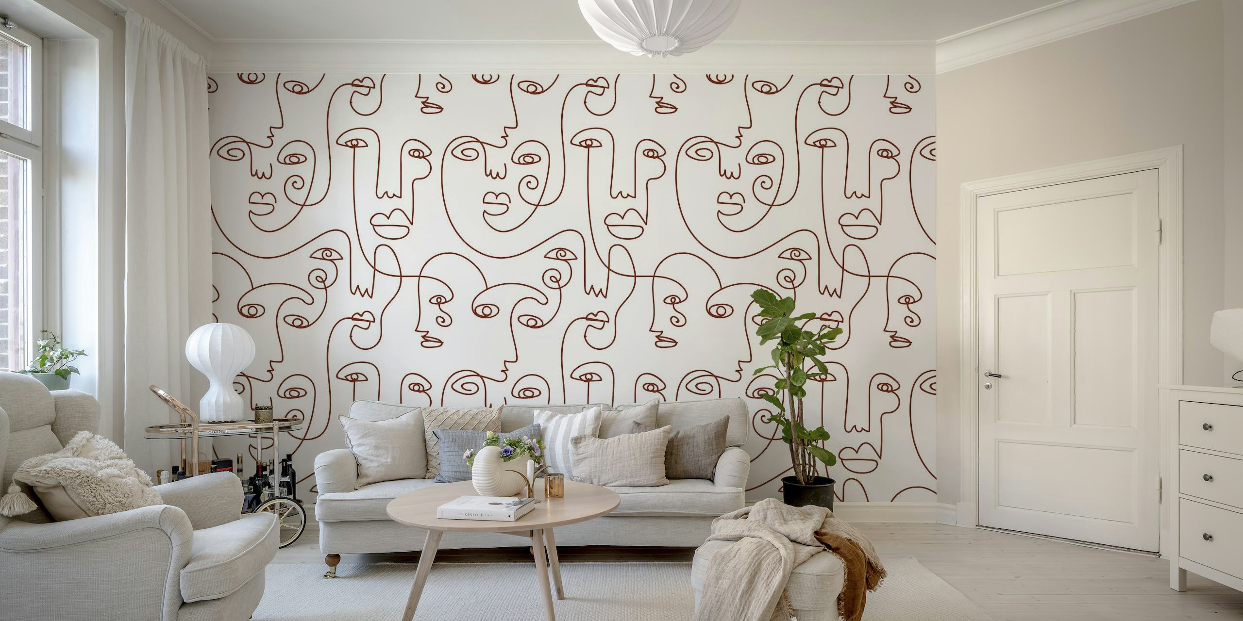 Desenho abstrato de linhas contínuas de rostos de mulheres em um mural de parede estilo Picasso em tons marrons.