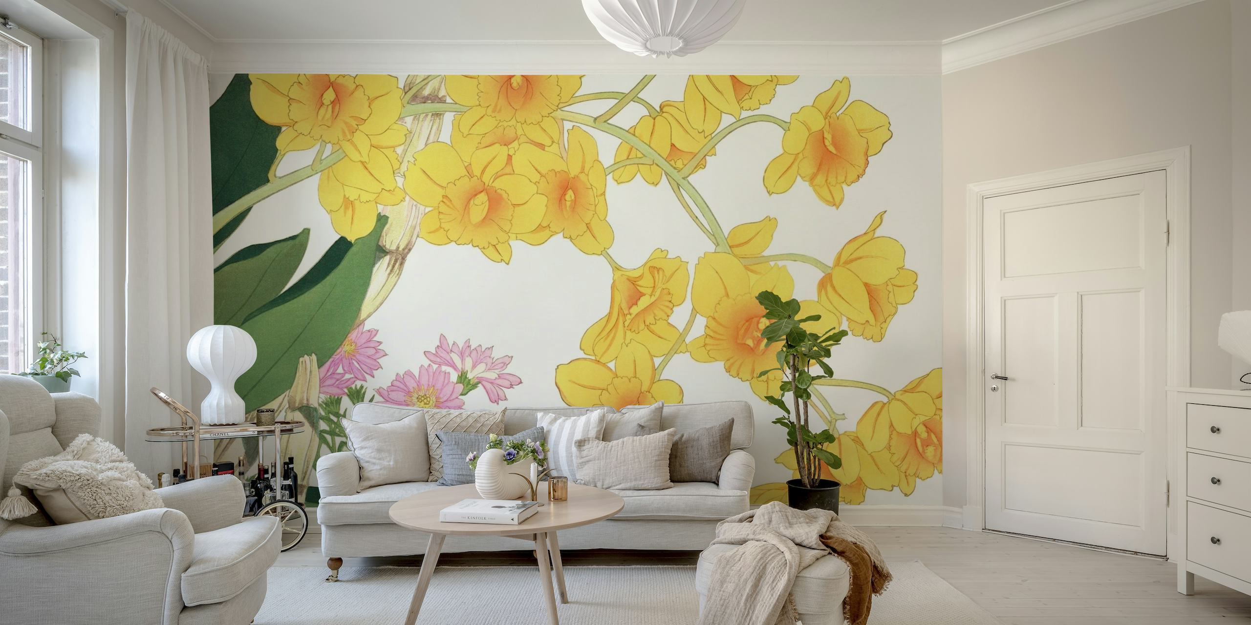 Papier peint mural Narcisse japonais et fleurs roses