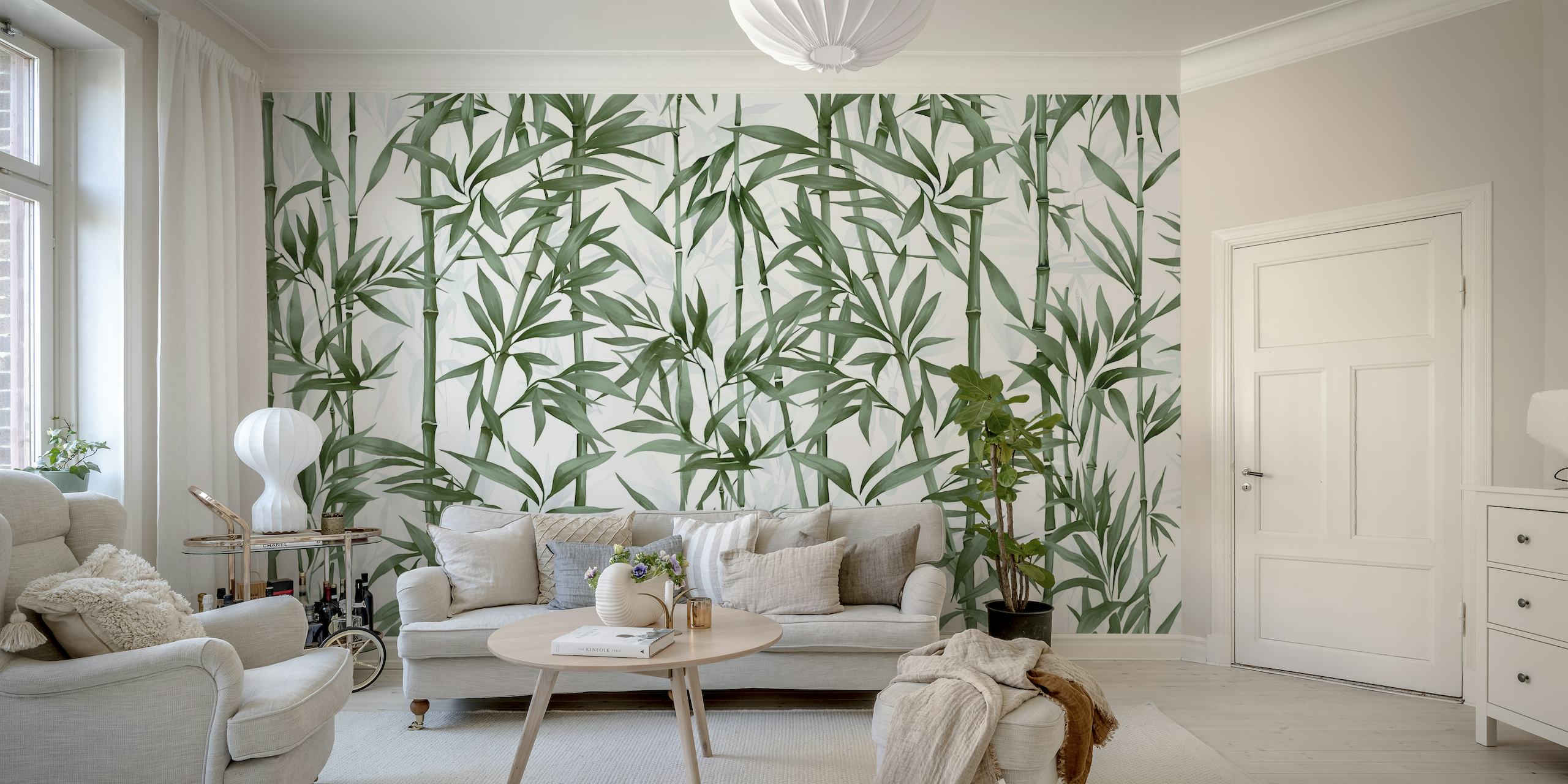 Groene bamboestelen muurschildering voor een rustig interieur
