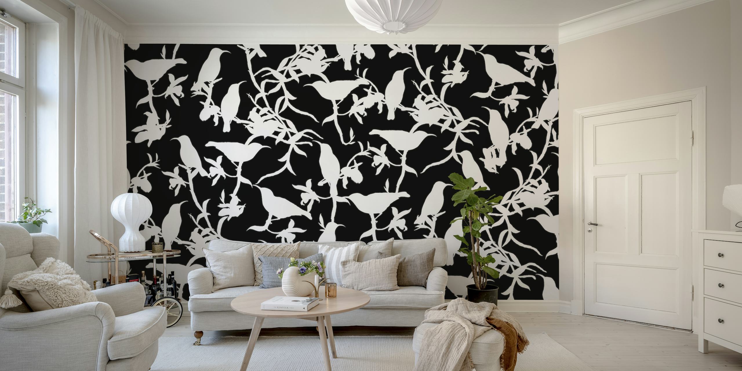 Hummingbird Chinoiserie Black and White papel de parede