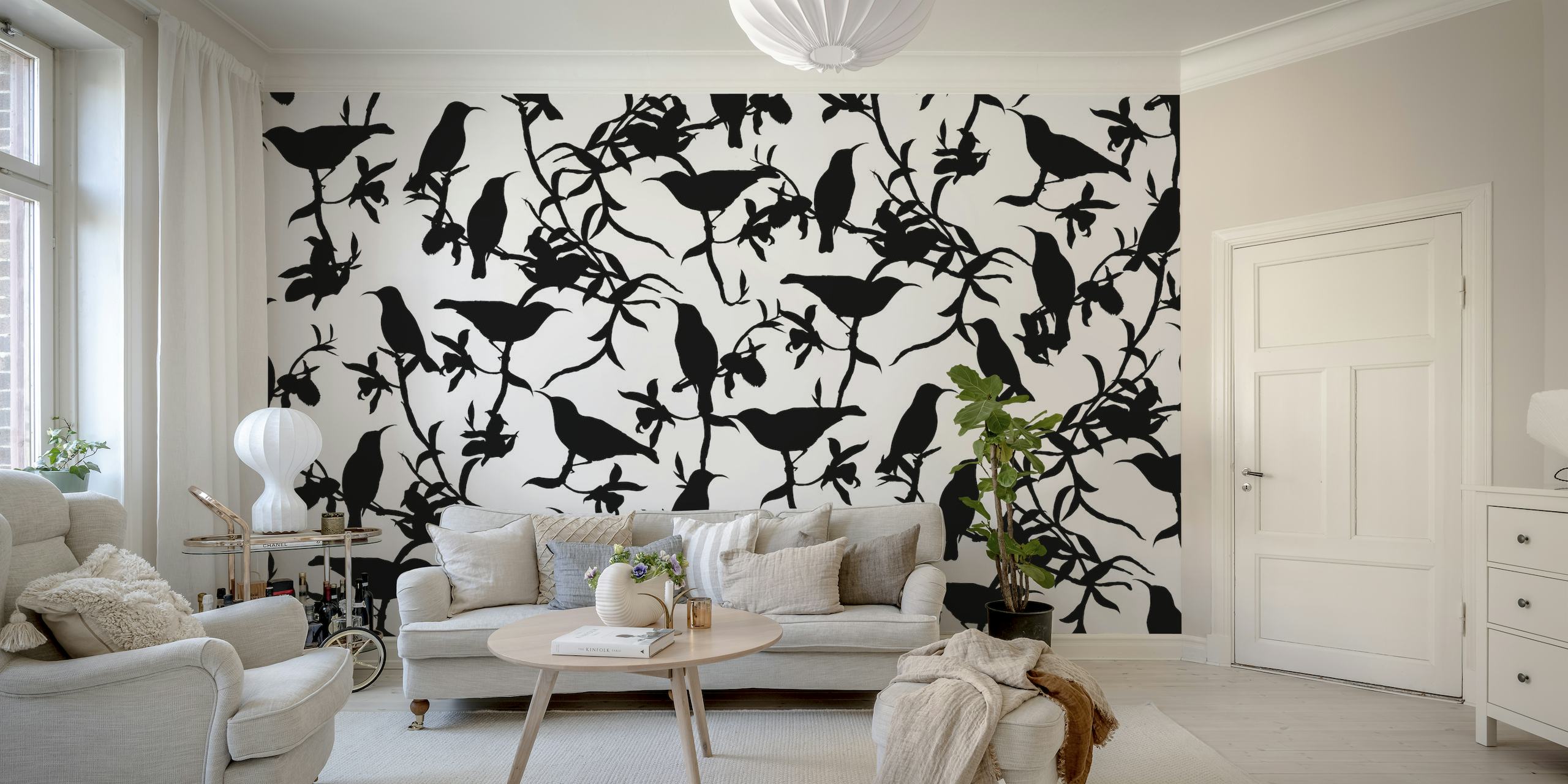 Zwart-witte kolibrie chinoiserie-patroon muurschildering bij Happywall