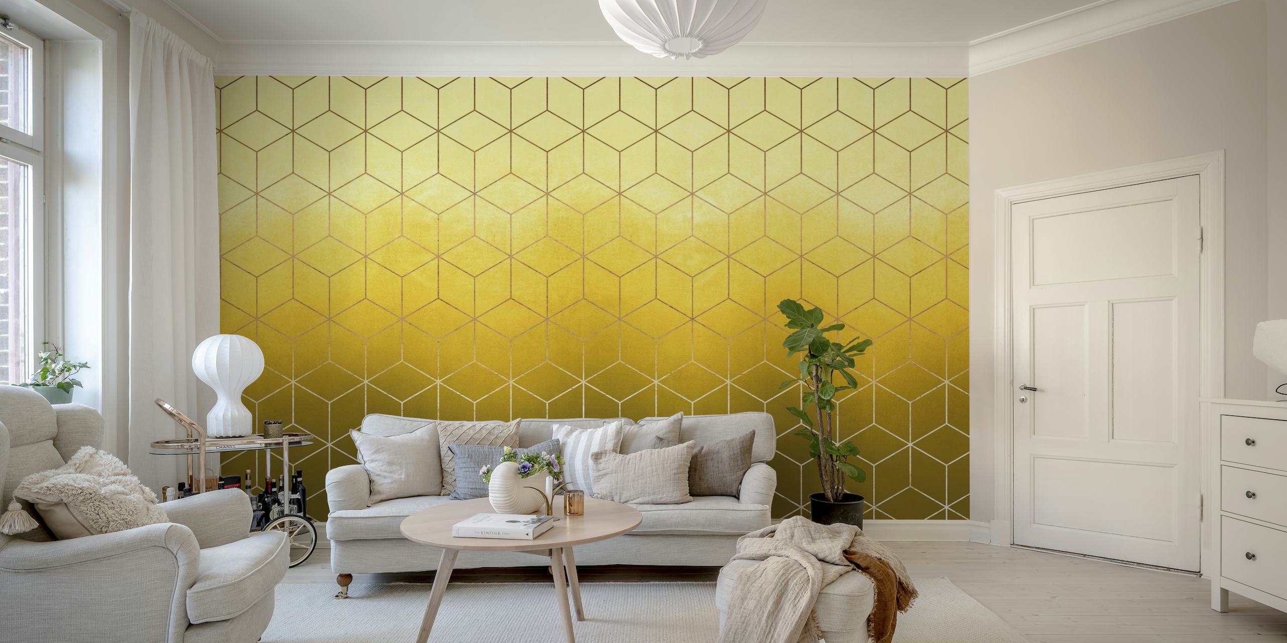 Skandinavische Tapete mit geometrischem Muster und Farbverlauf von goldenen zu transparenten Farbtönen