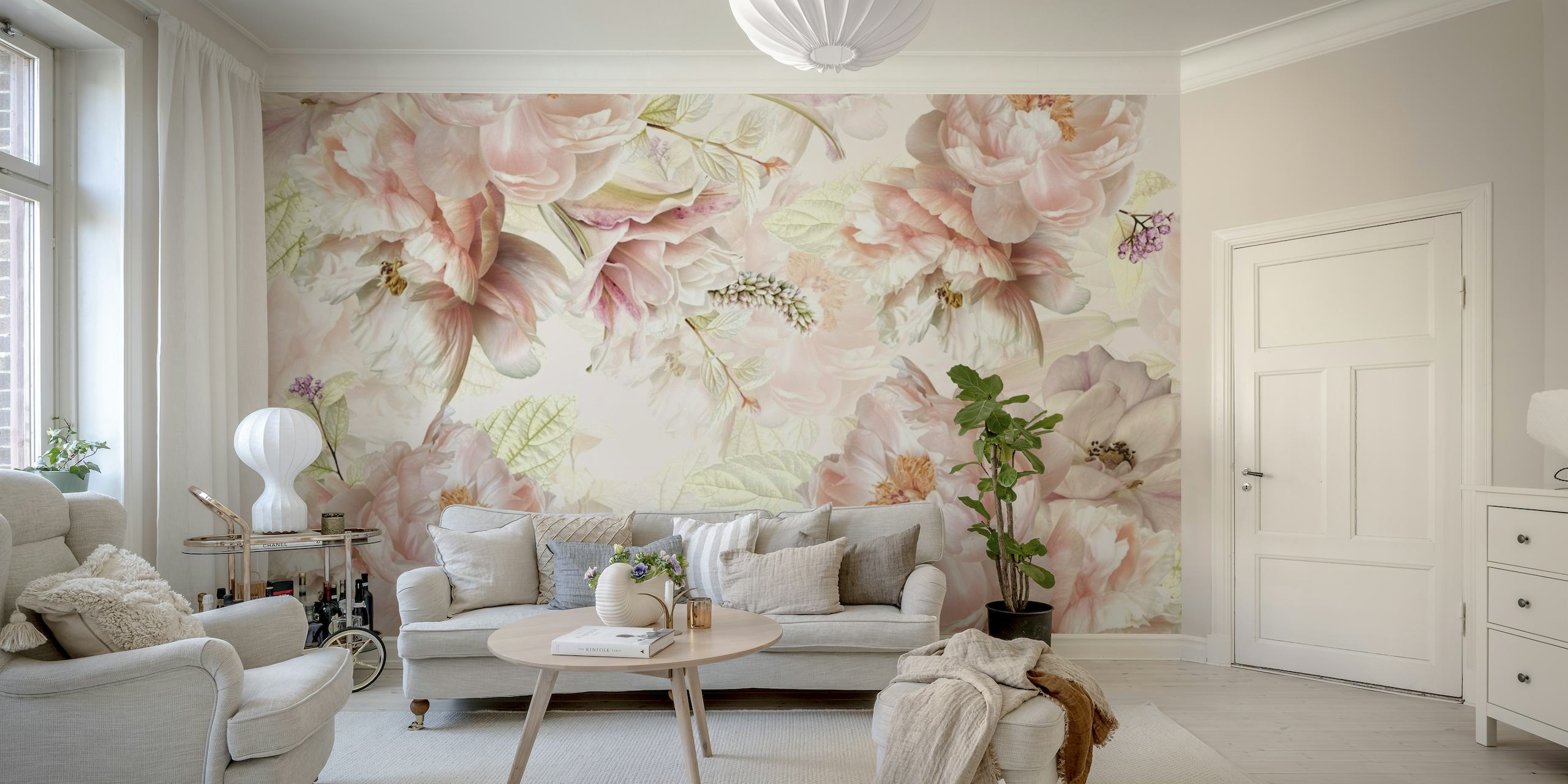 Baroque-style peony wall mural with summer garden theme