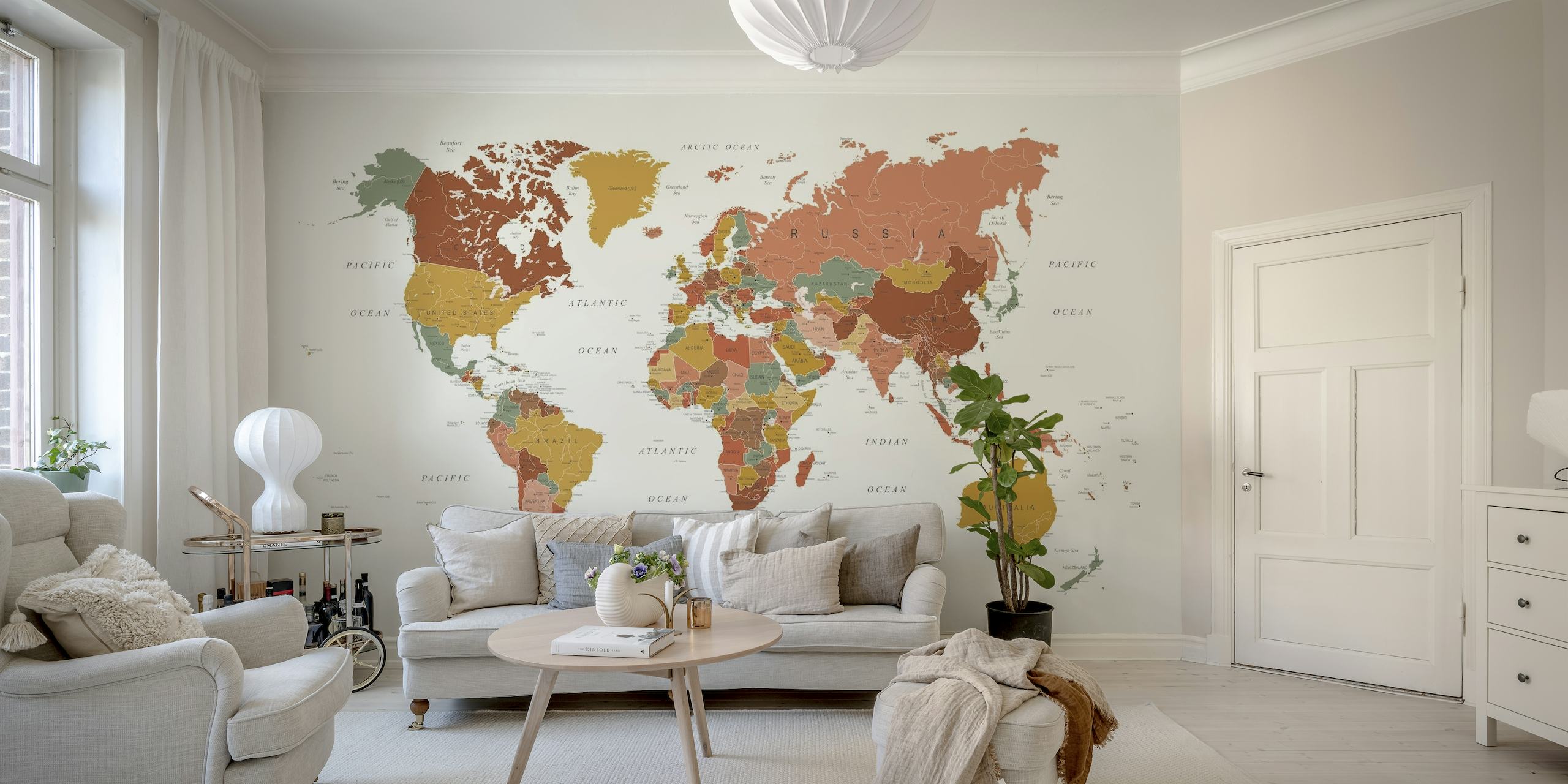 World Map wall mural in terracotta and green shades