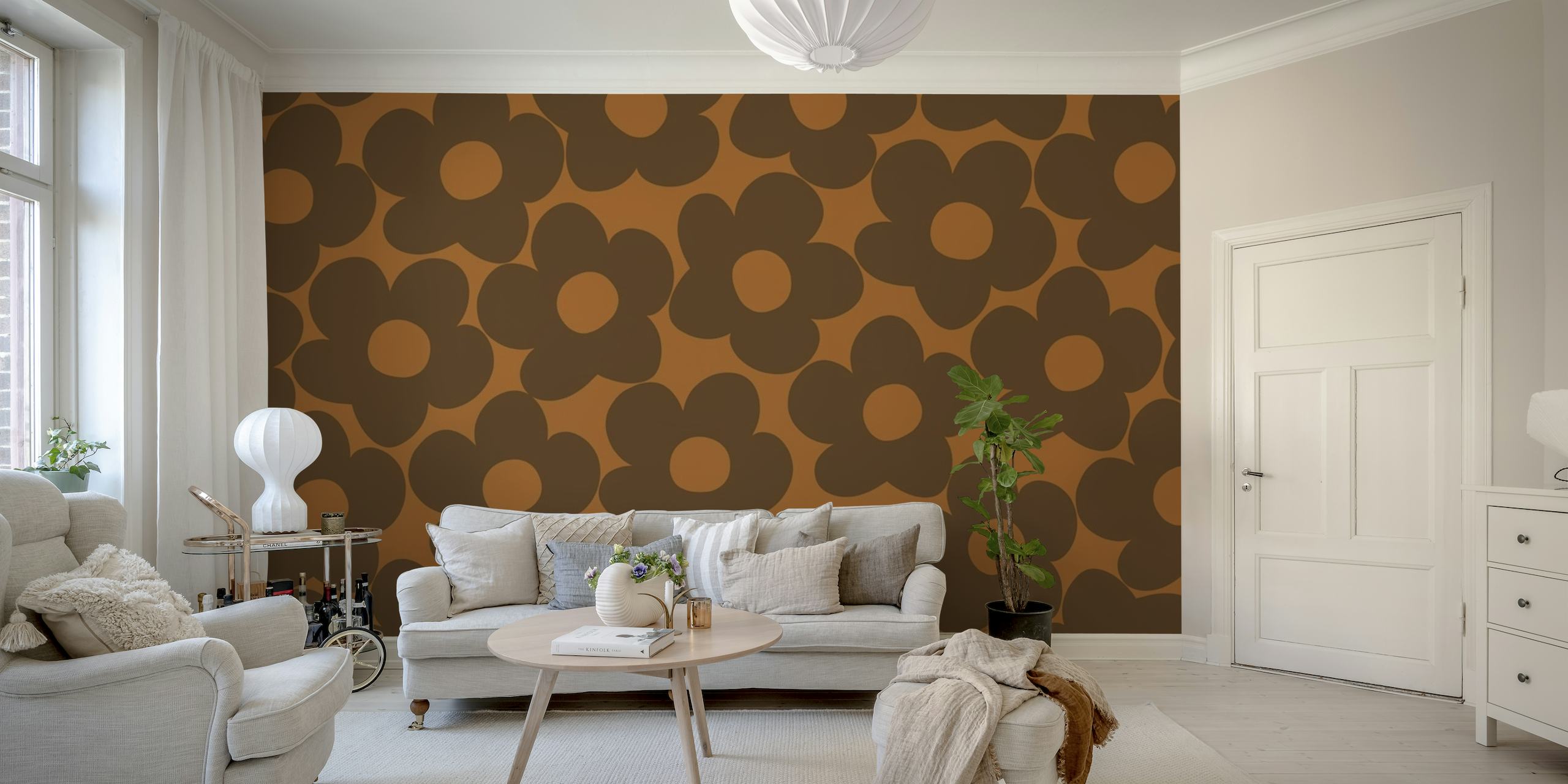 Fotomural vinílico de parede estilo vintage com fundo marrom e padrões retrô de margaridas