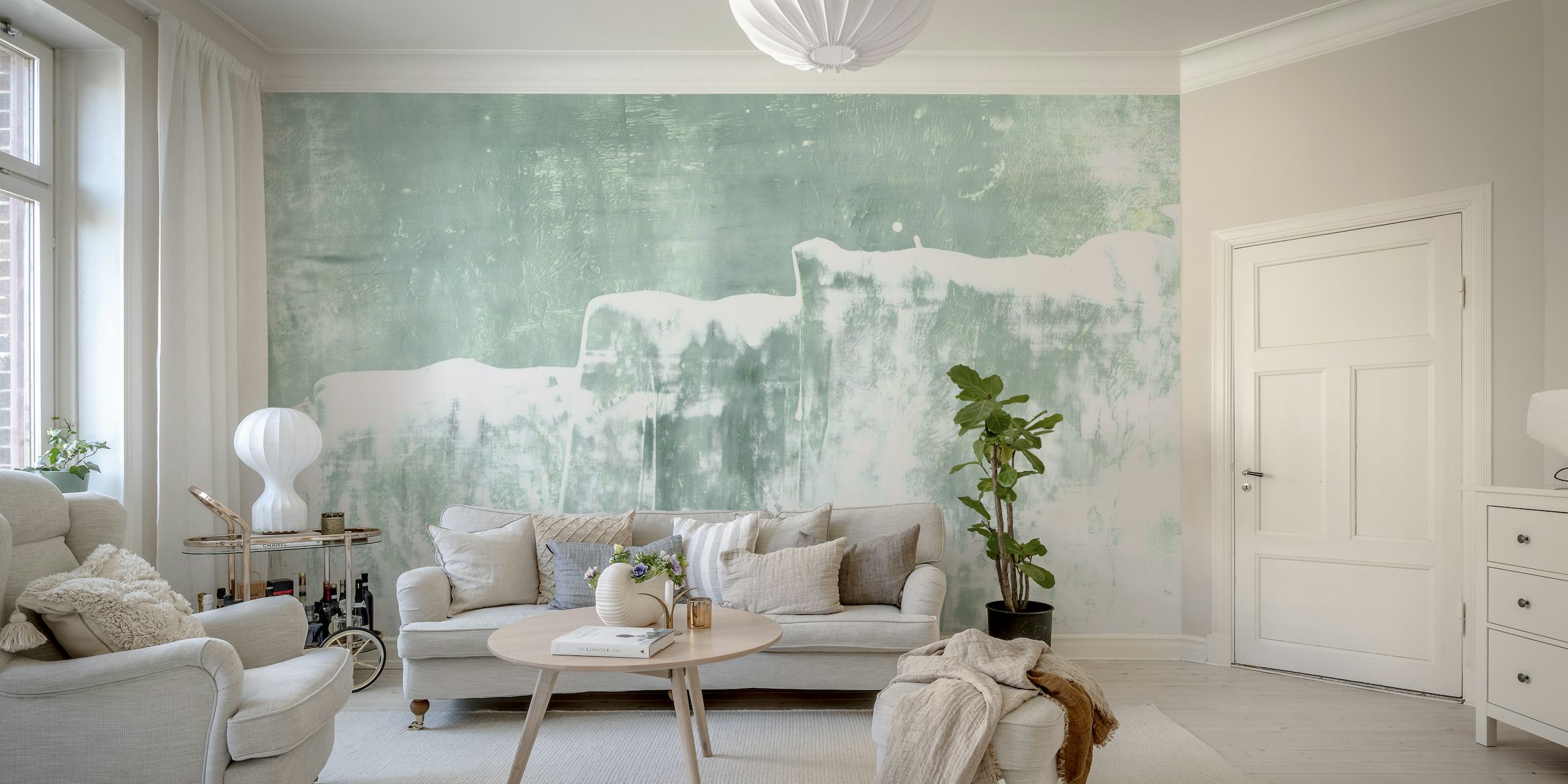 Peinture murale abstraite Mint Waves avec des coups de pinceau verts et blancs doux