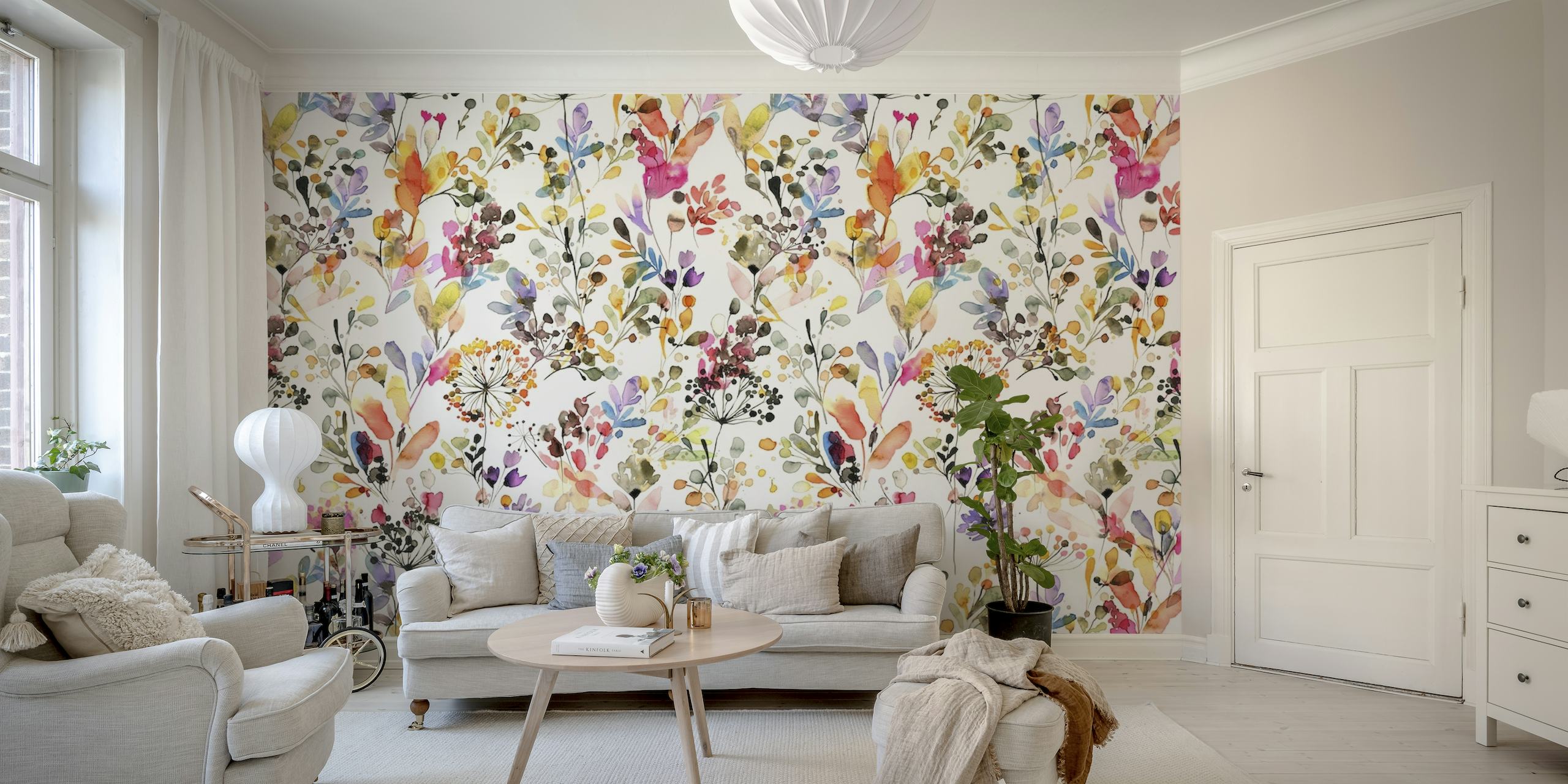 Botanical wall mural featuring a pattern of wild grasses and colorful flowers on a neutral background