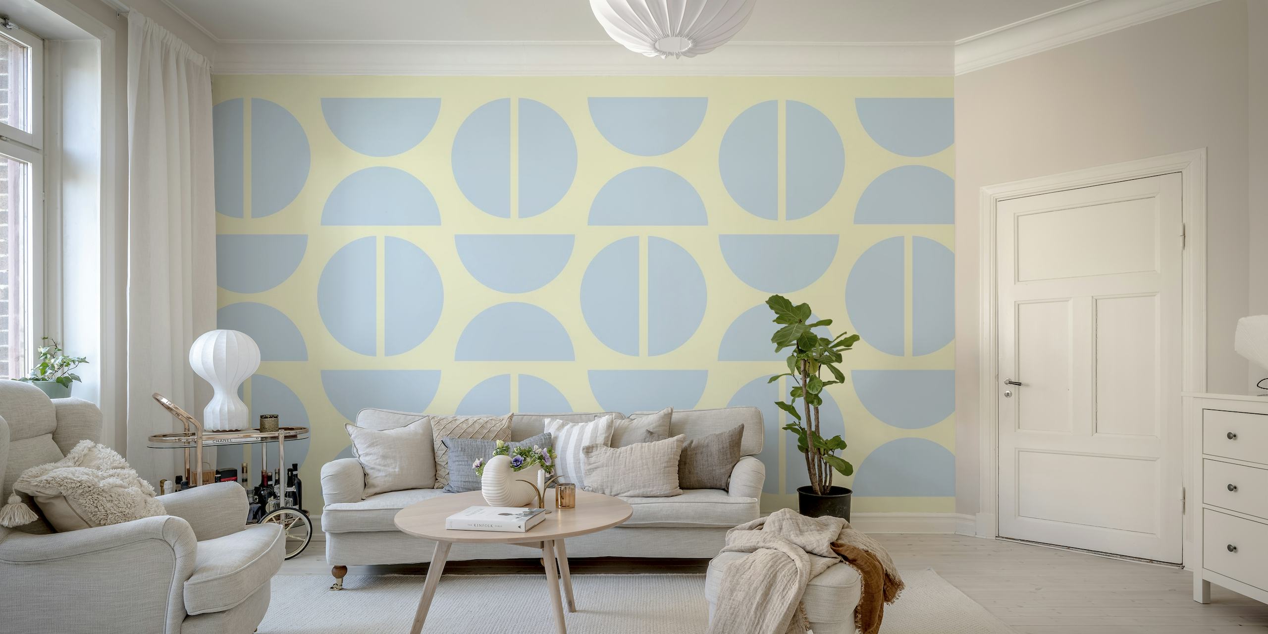Geometric patterned wall mural in baby blue and cream inspired by Bauhaus design