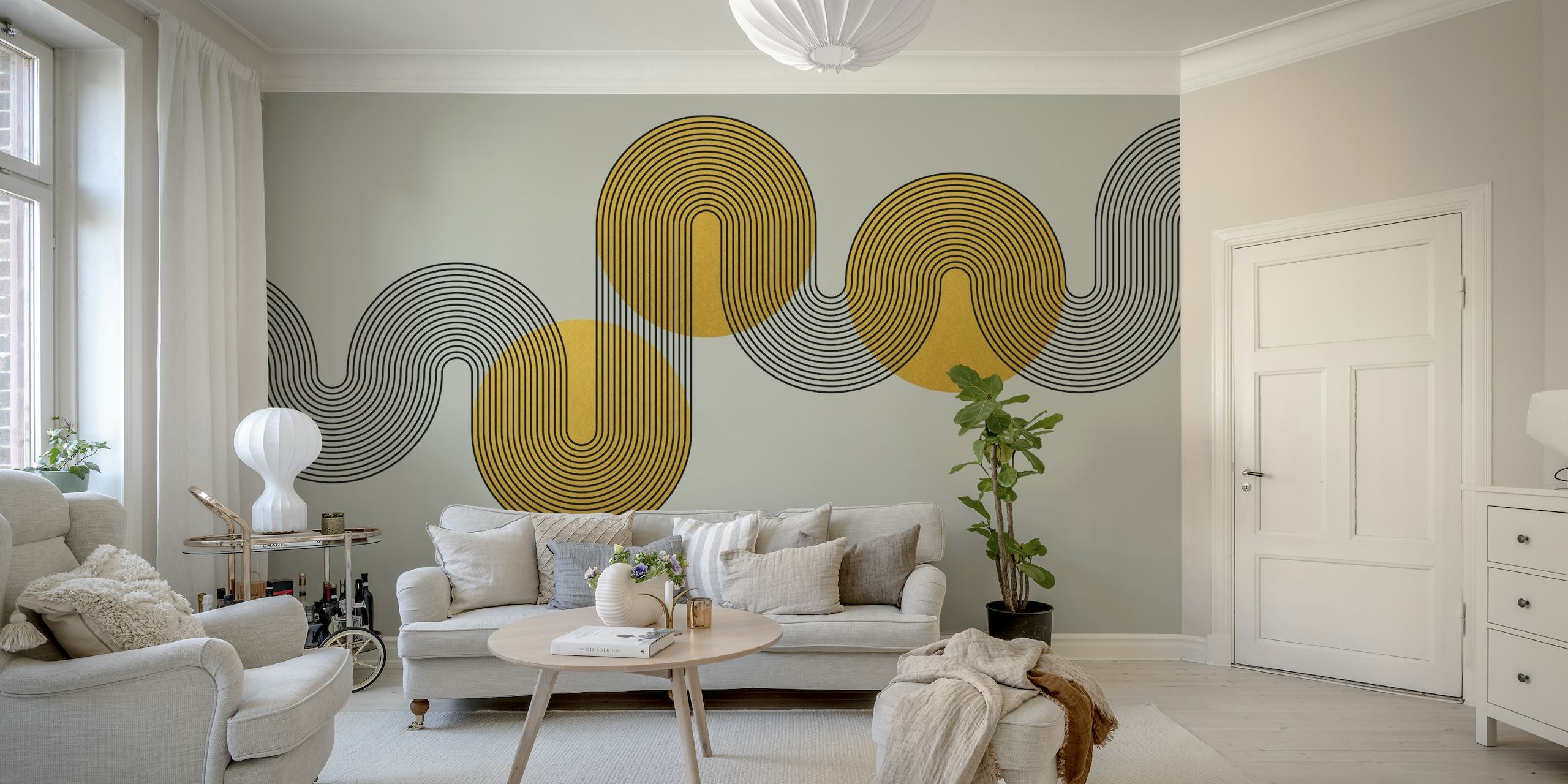 Abstrakt vægmaleri i art deco-stil med geometriske former i guld og grå toner