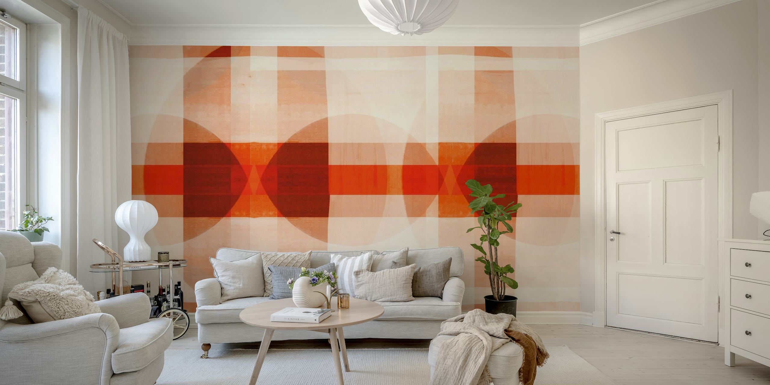 Mural de parede em mosaico inspirado na Bauhaus com padrões geométricos em cores quentes