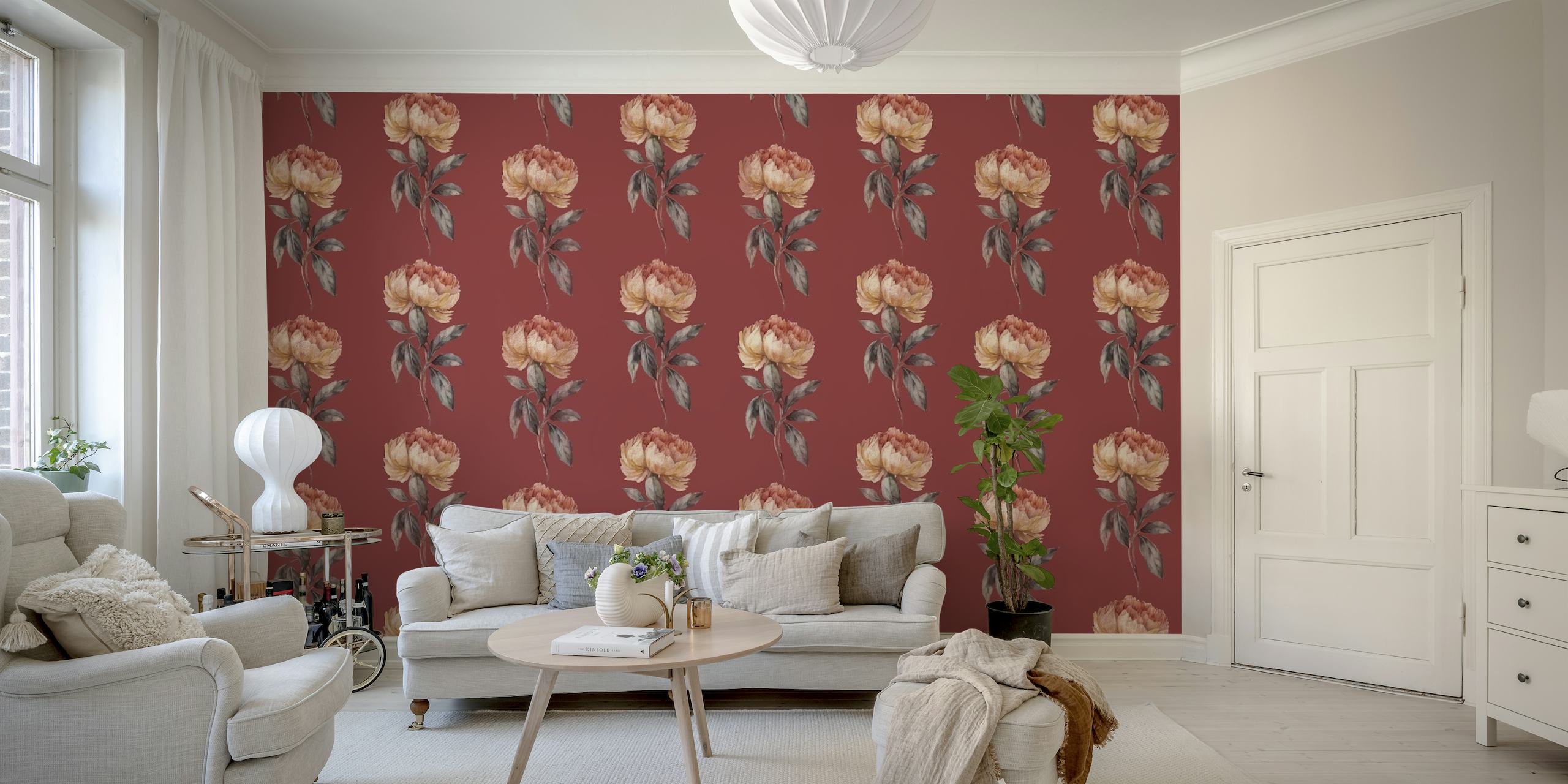 Red vintage roses pattern on dark background wall mural