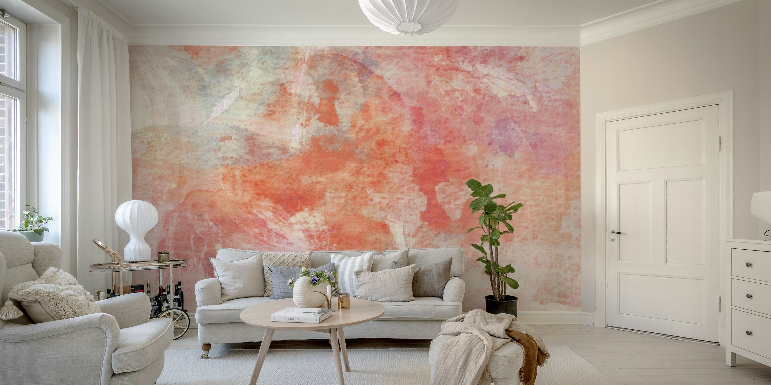 Abstract dream coral color wall mural with Japanese fabric texture