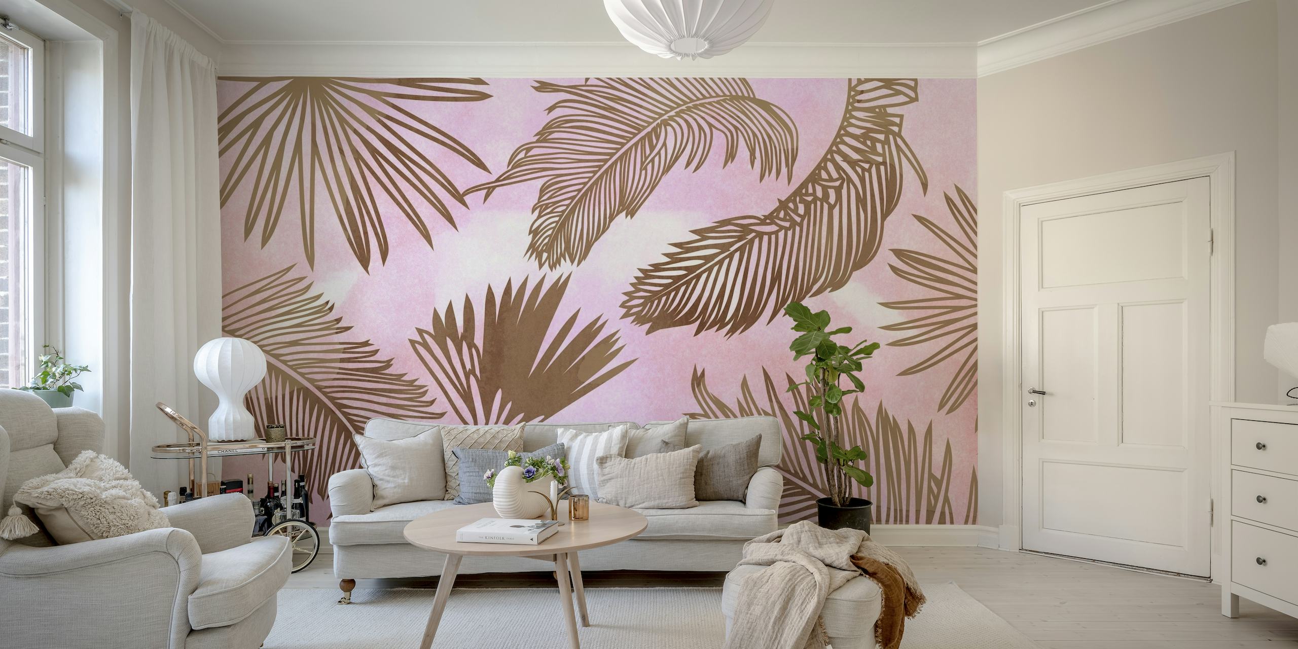 fotomural vinílico de parede em tons pastéis com tema de selva e efeito aquarela