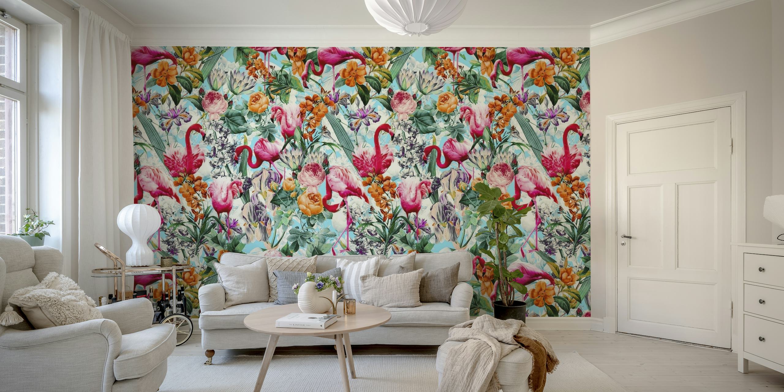 Elegant flamingos among vibrant flowers on a turquoise background in the 'Floral and Flamingo VII' wall mural