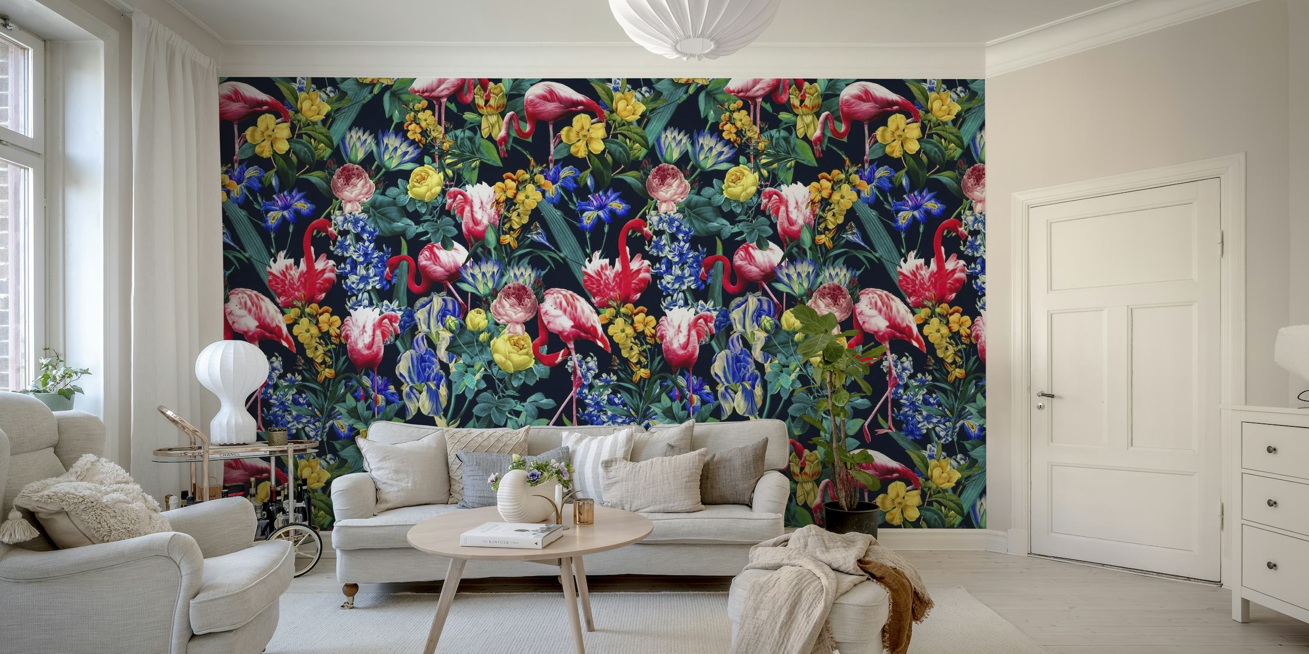 Floral and Flamingo V Pattern wall mural with vibrant flowers and flamingos on dark background