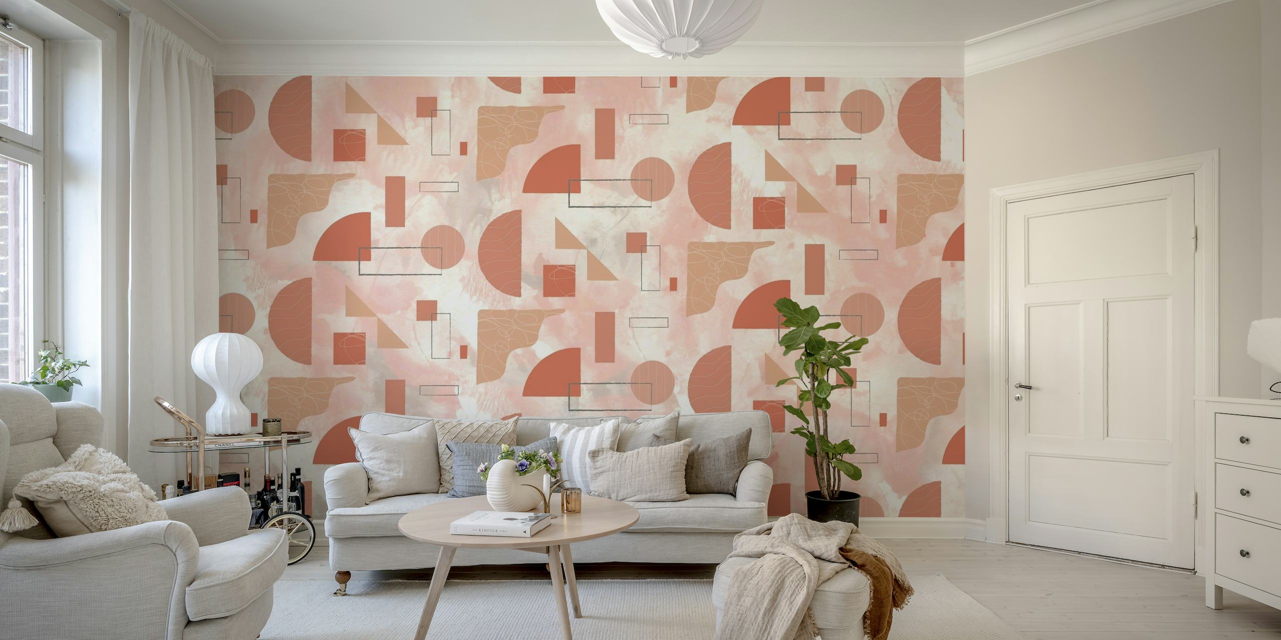 Abstract geometric wall mural with shapes and lines in blush and cream tones