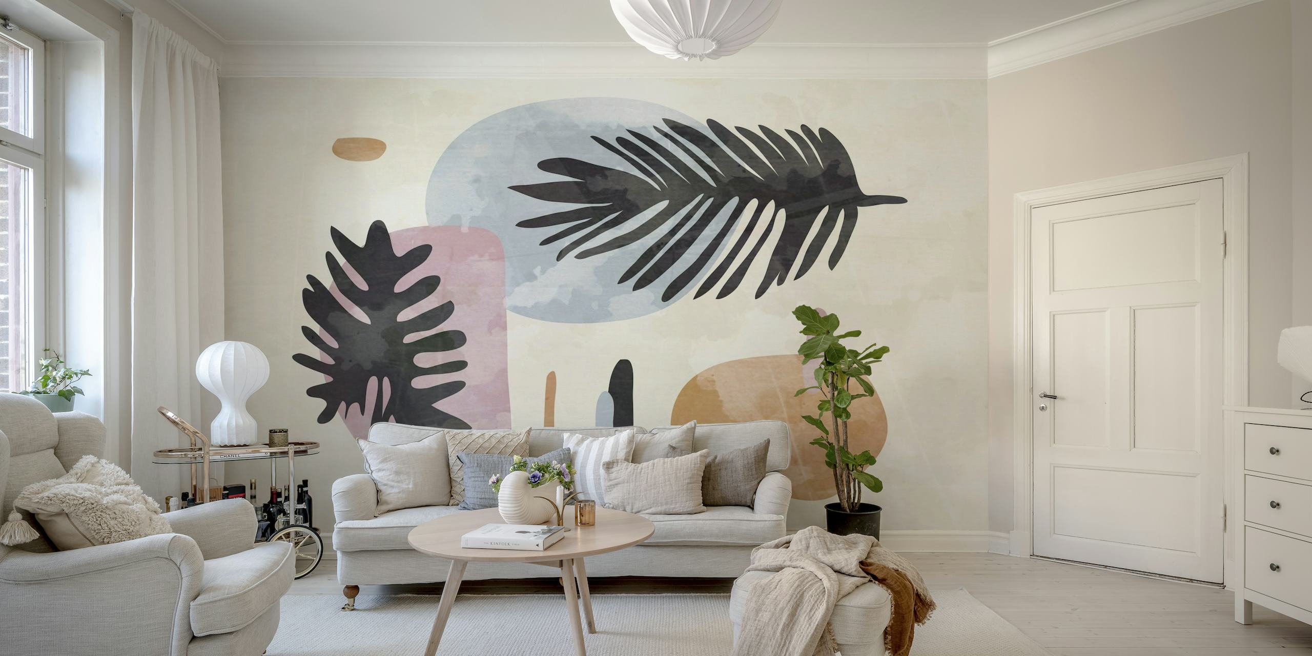 Retro-styled wall mural with stylized 1960s leaf patterns in earthy tones