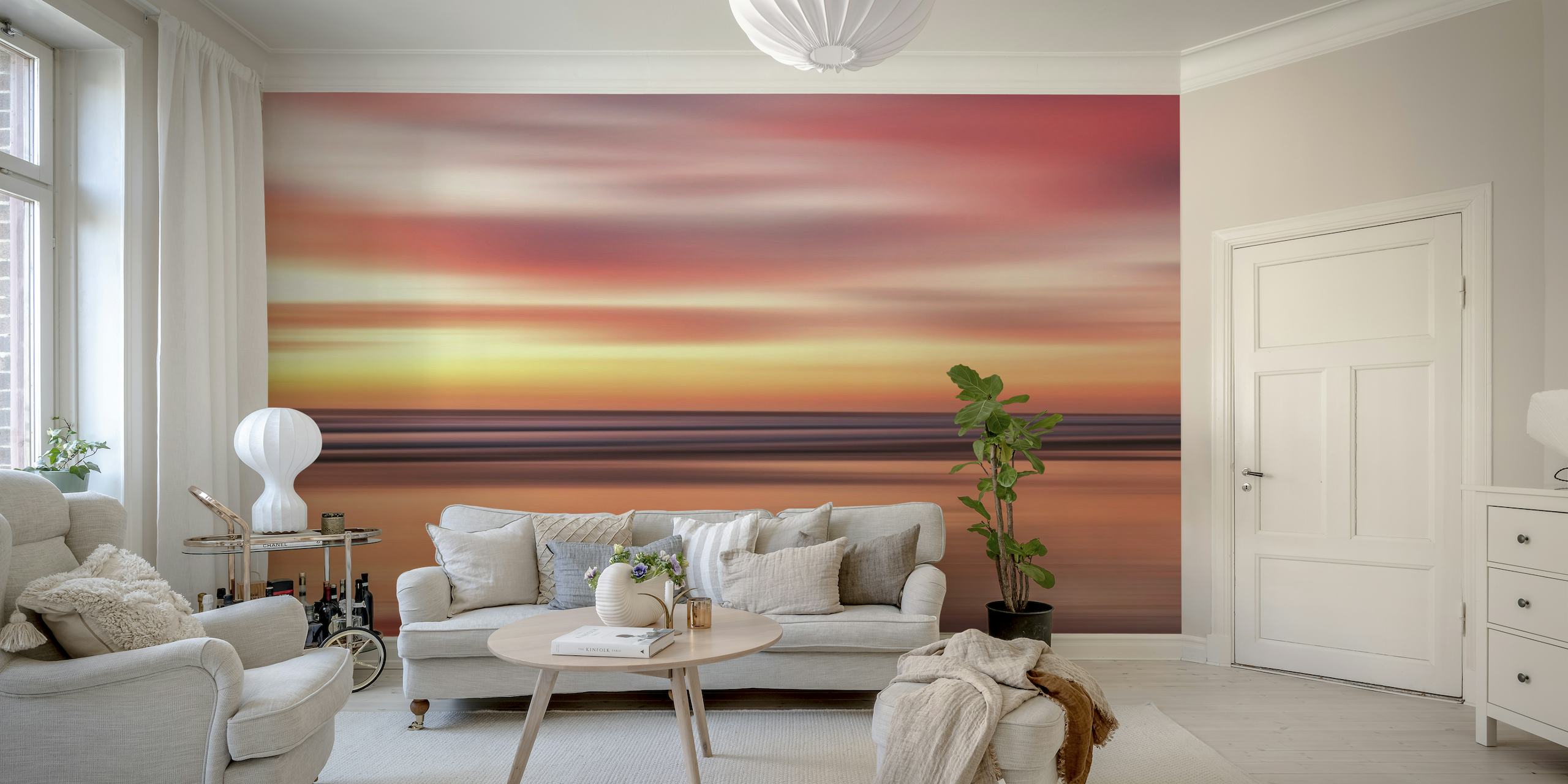 Papier peint Sunset Summer 9 avec des teintes rose vif et orange se reflétant sur les eaux calmes