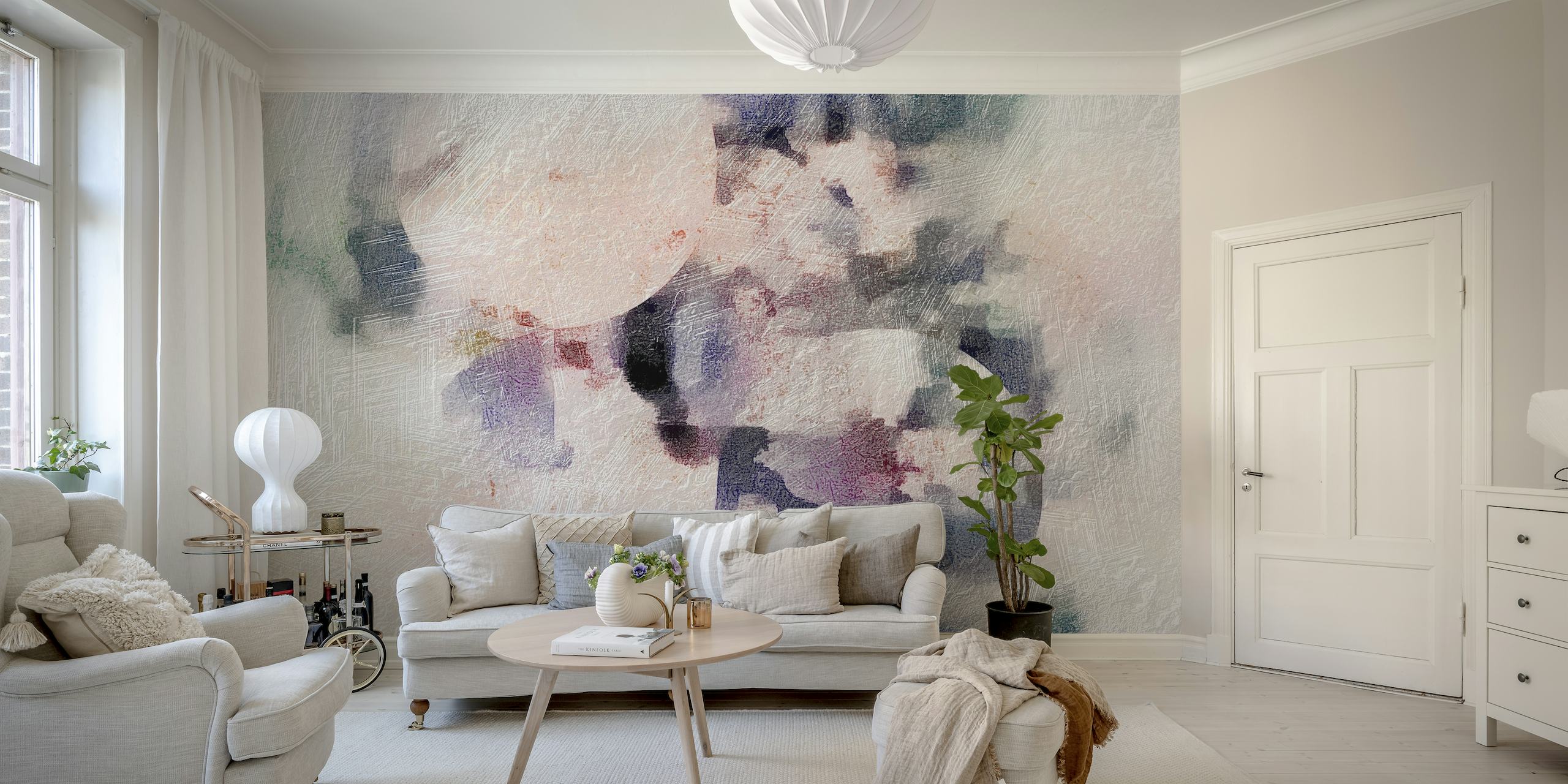 Soft hues wall mural with iridescent mother of pearl design
