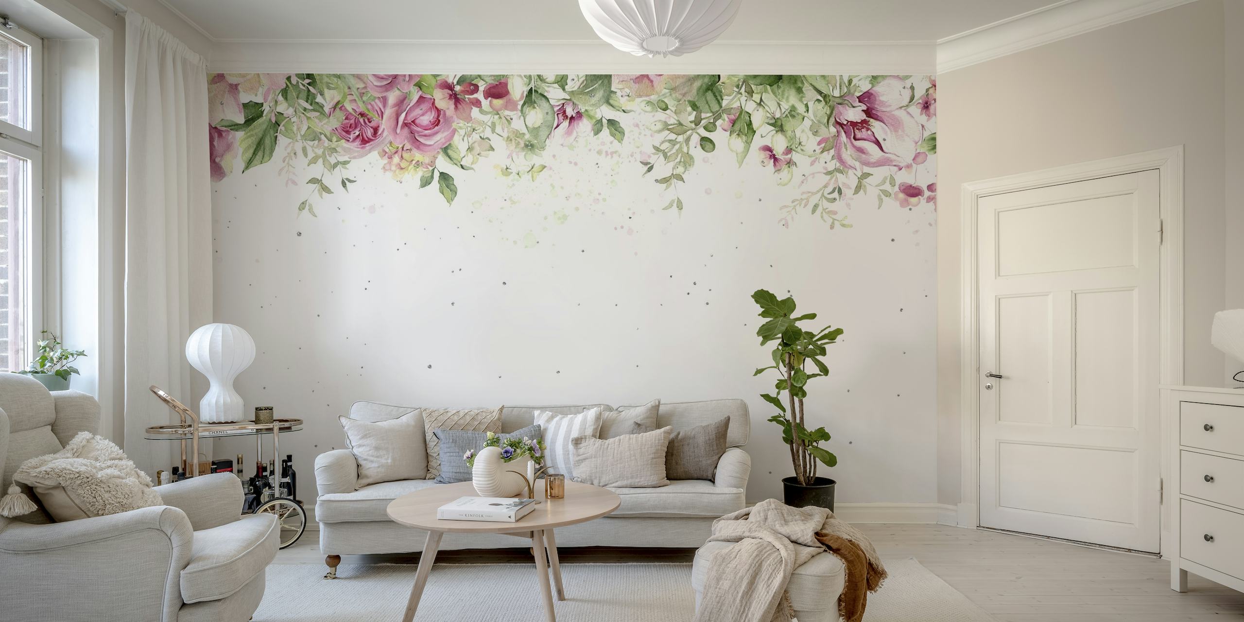 Elegantes rosas aquarela e vegetação criando uma borda superior tranquila em um mural de parede