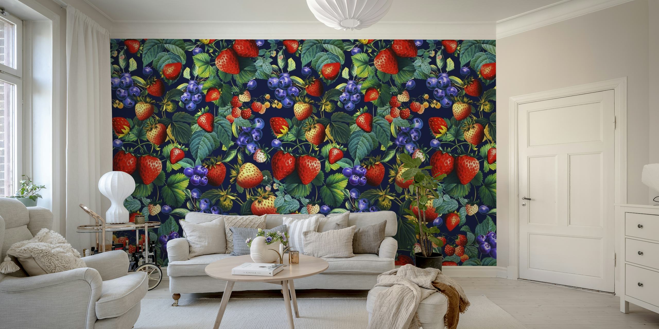 Colorful wall mural with strawberries and flowers pattern