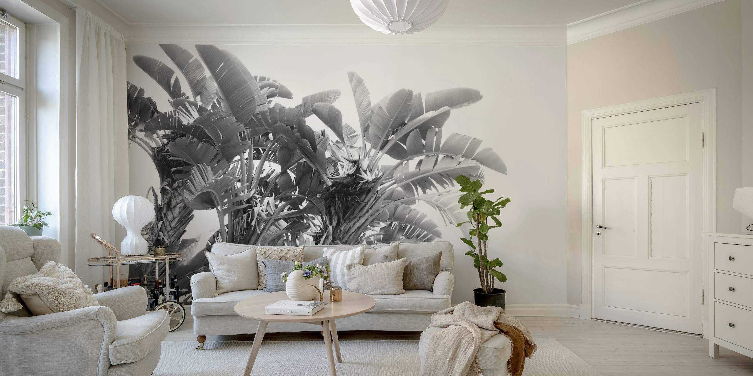 Monochrome banana leaf pattern wall mural from Happywall