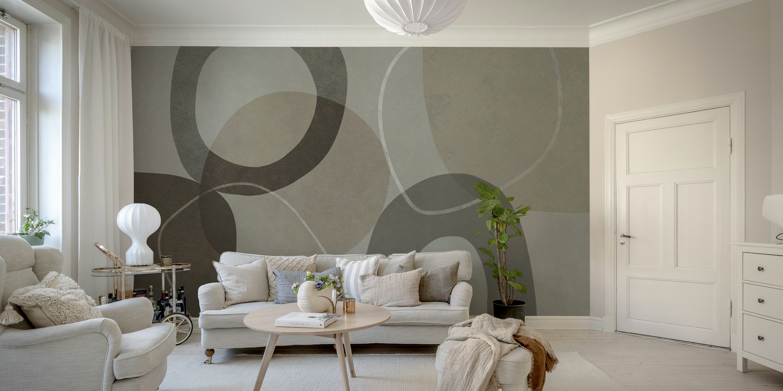 Mid Century Shapes And Outline Grey Brown papel de parede