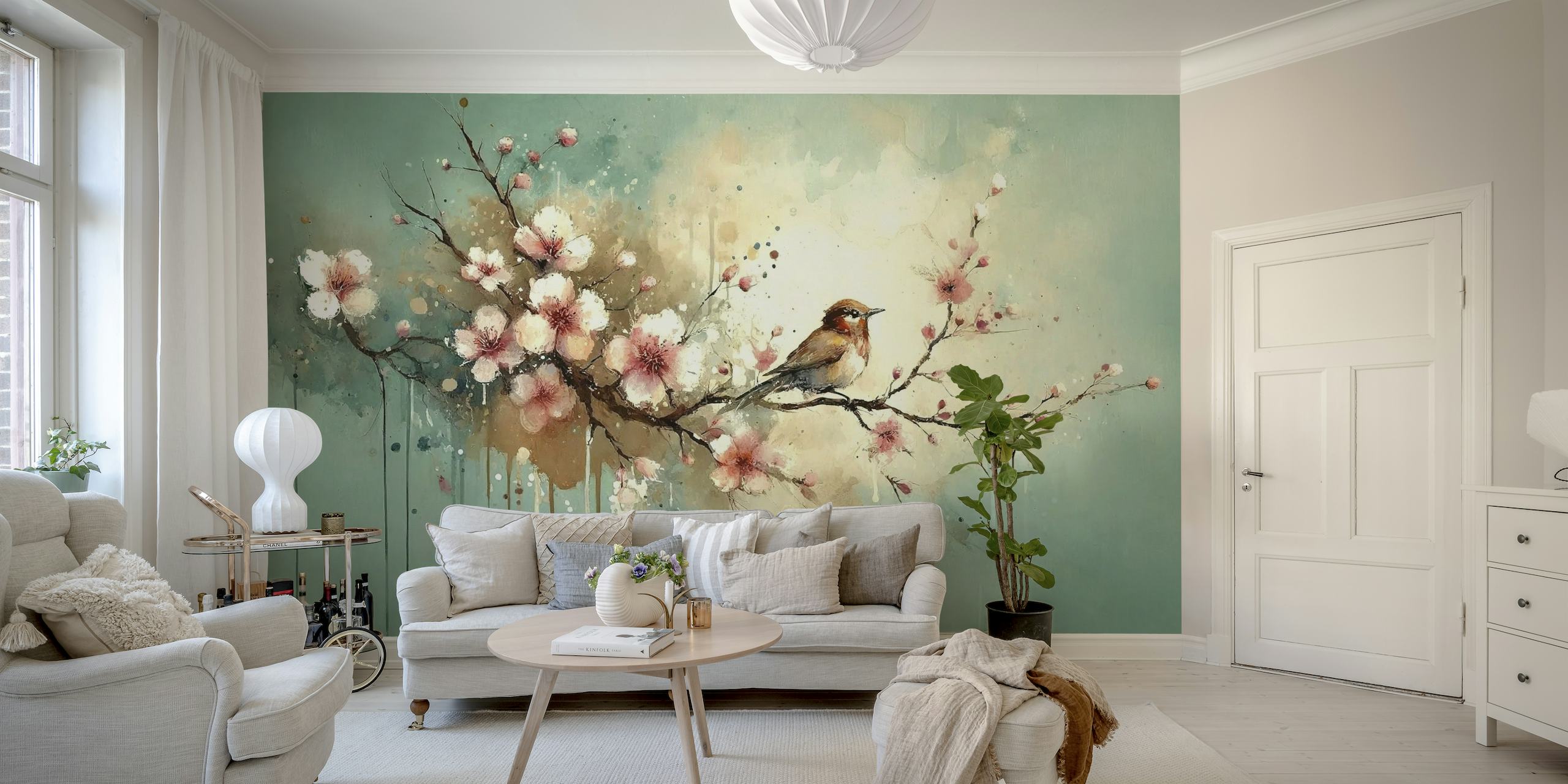 Cherry Blossoms Whispers on Teal Breeze papel de parede