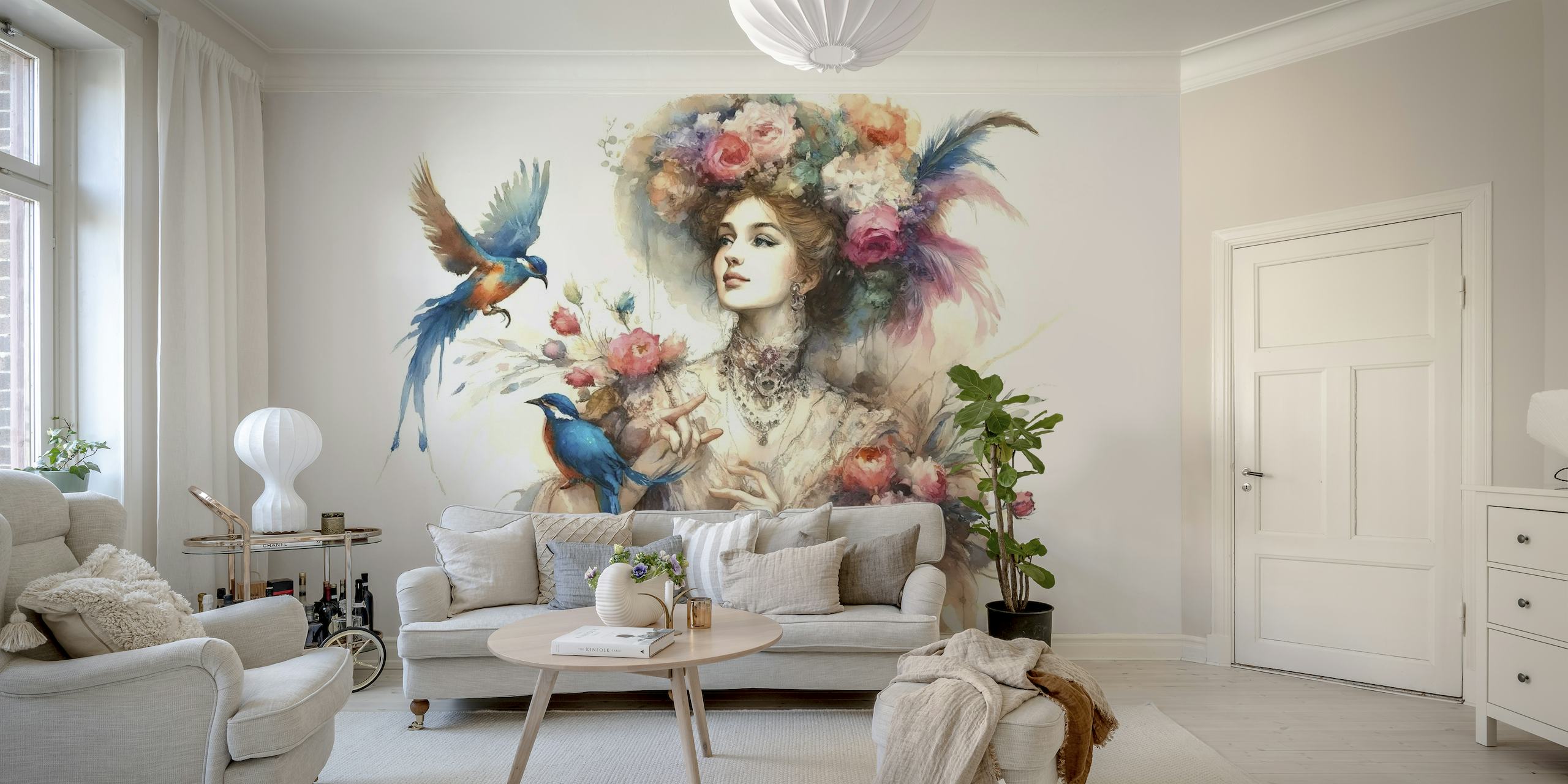 Enchanting Lady Amidst Blooms and Birds tapeta