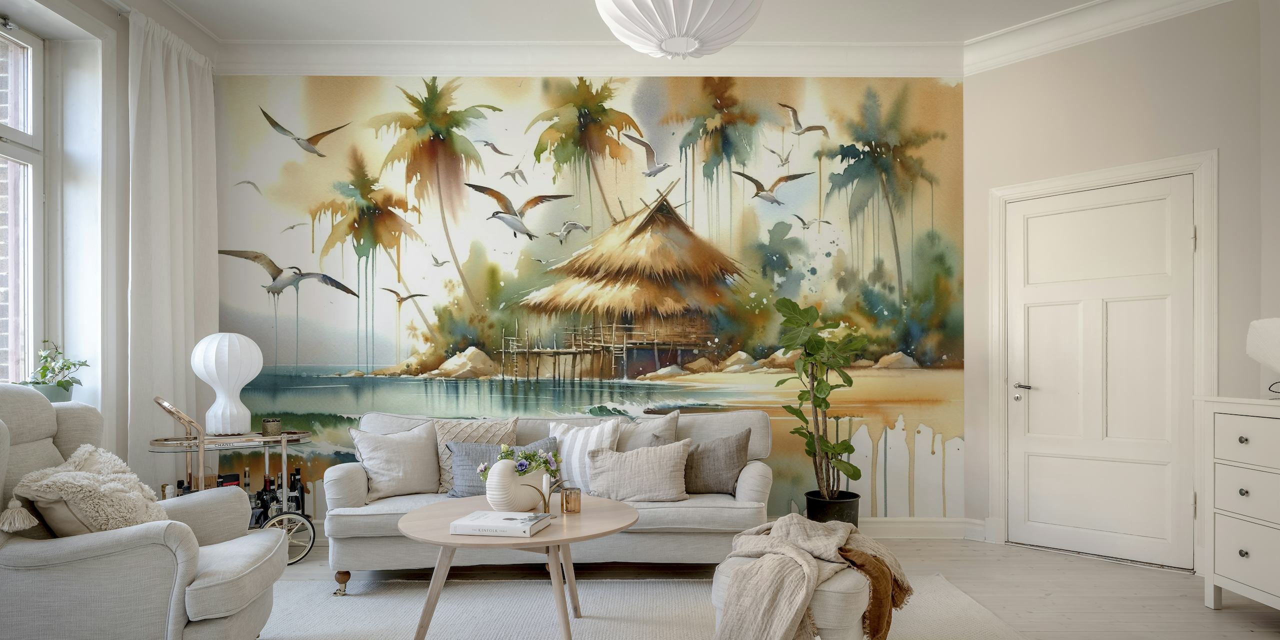 Mural de pared de acuarela abstracta que representa una serena escena isleña con palmeras, una cabaña con techo de paja y suaves olas.