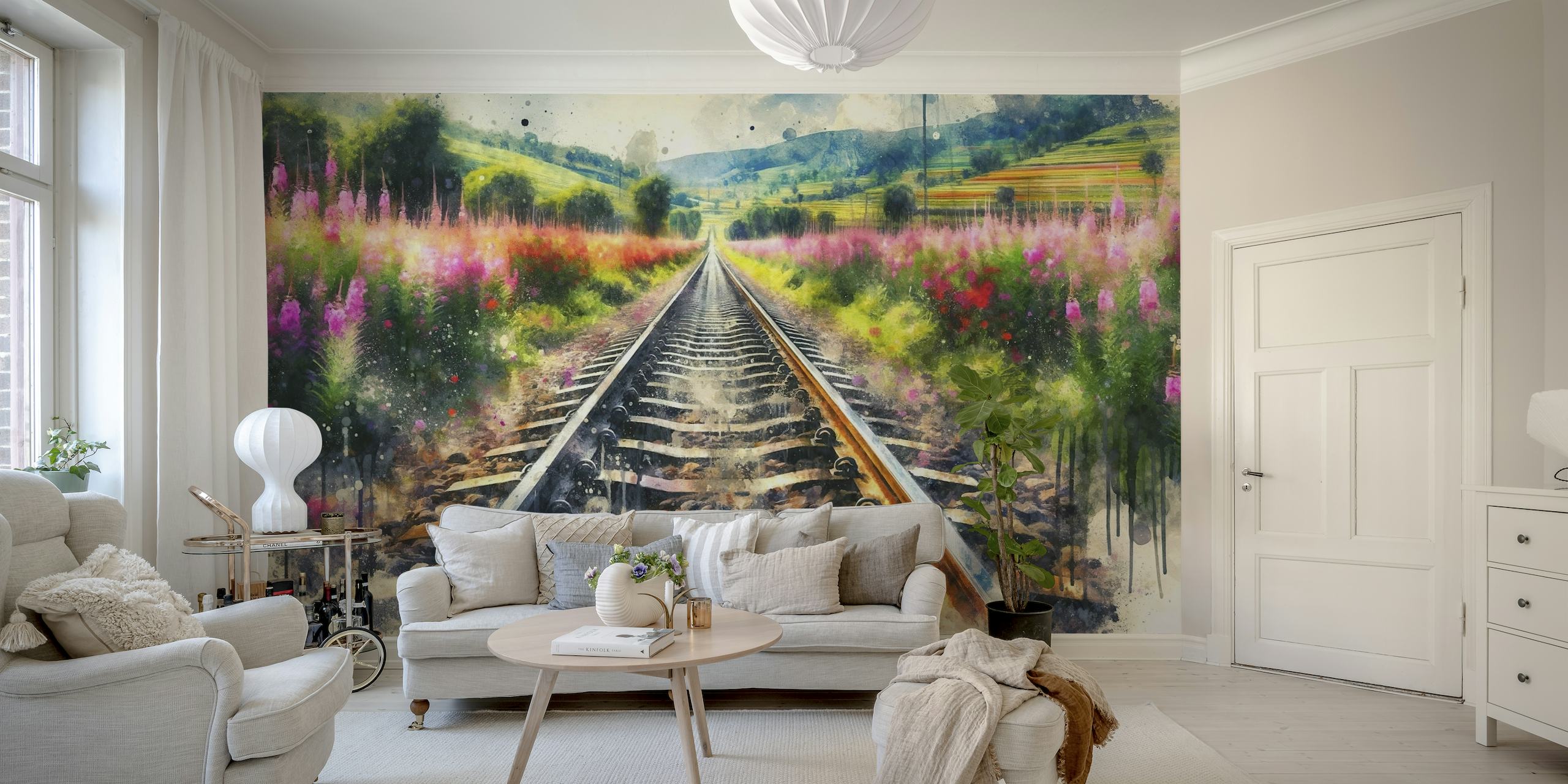 Train Track Countryside Flowers papel de parede
