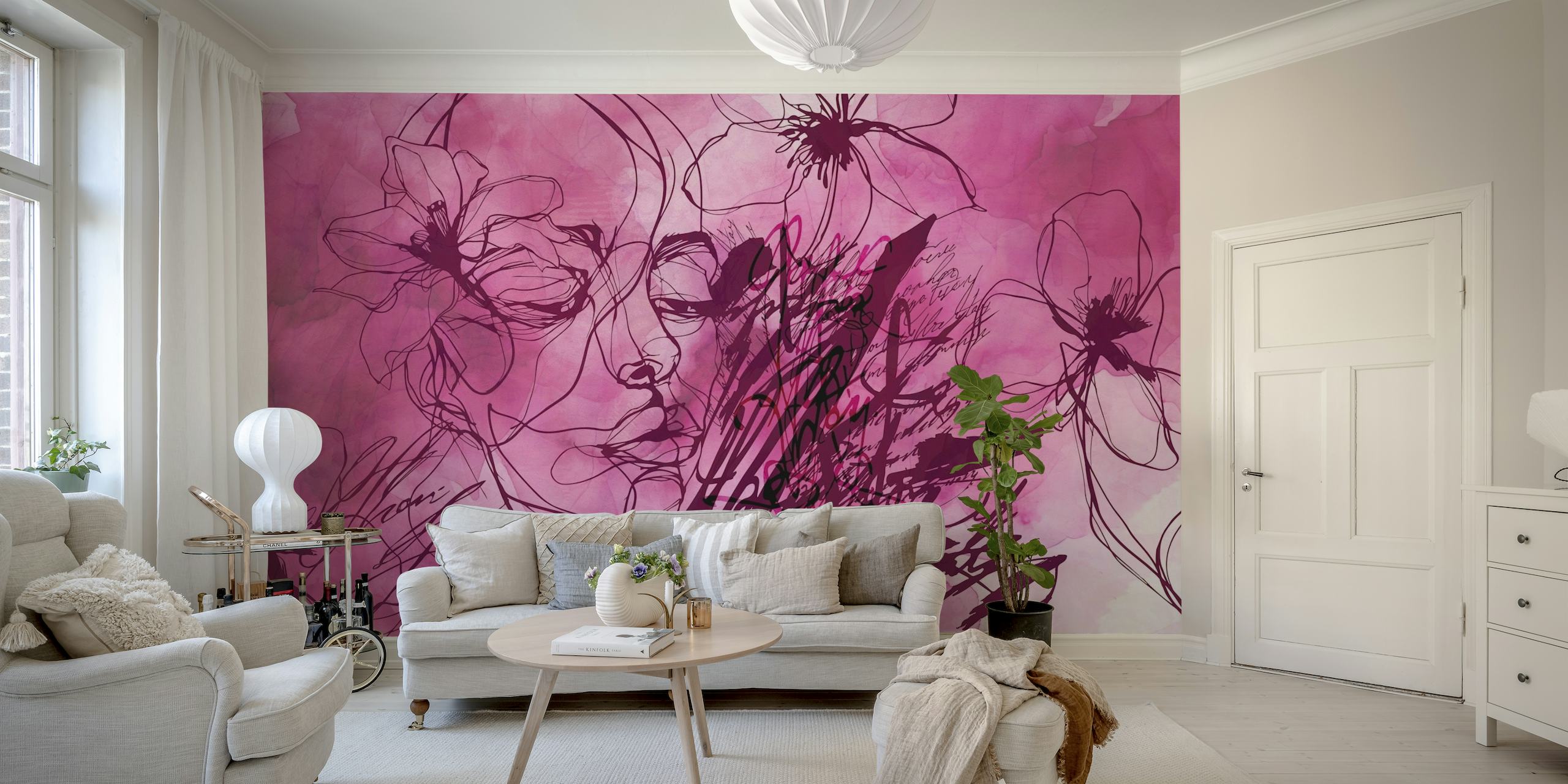 Passionate Pink Dreams Ink Line Art Female papel de parede