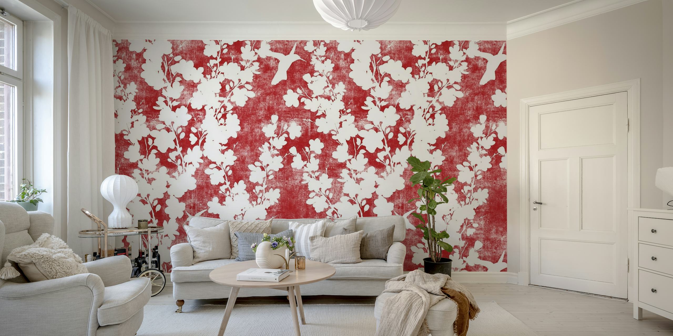 Scarlet red cherry blossom silhouette behang