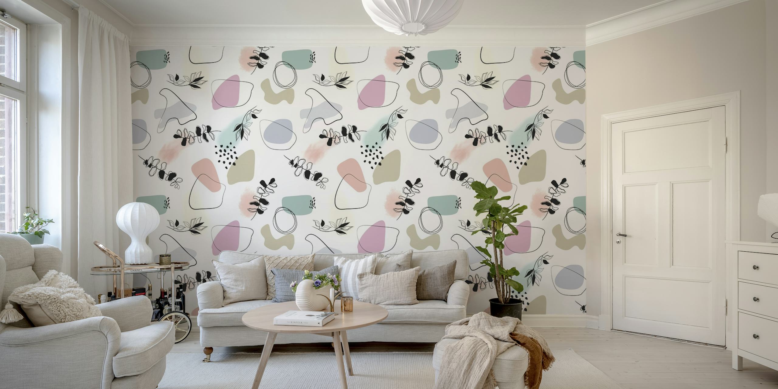 Modern abstract geometric wall mural with pastel shapes and patterns
