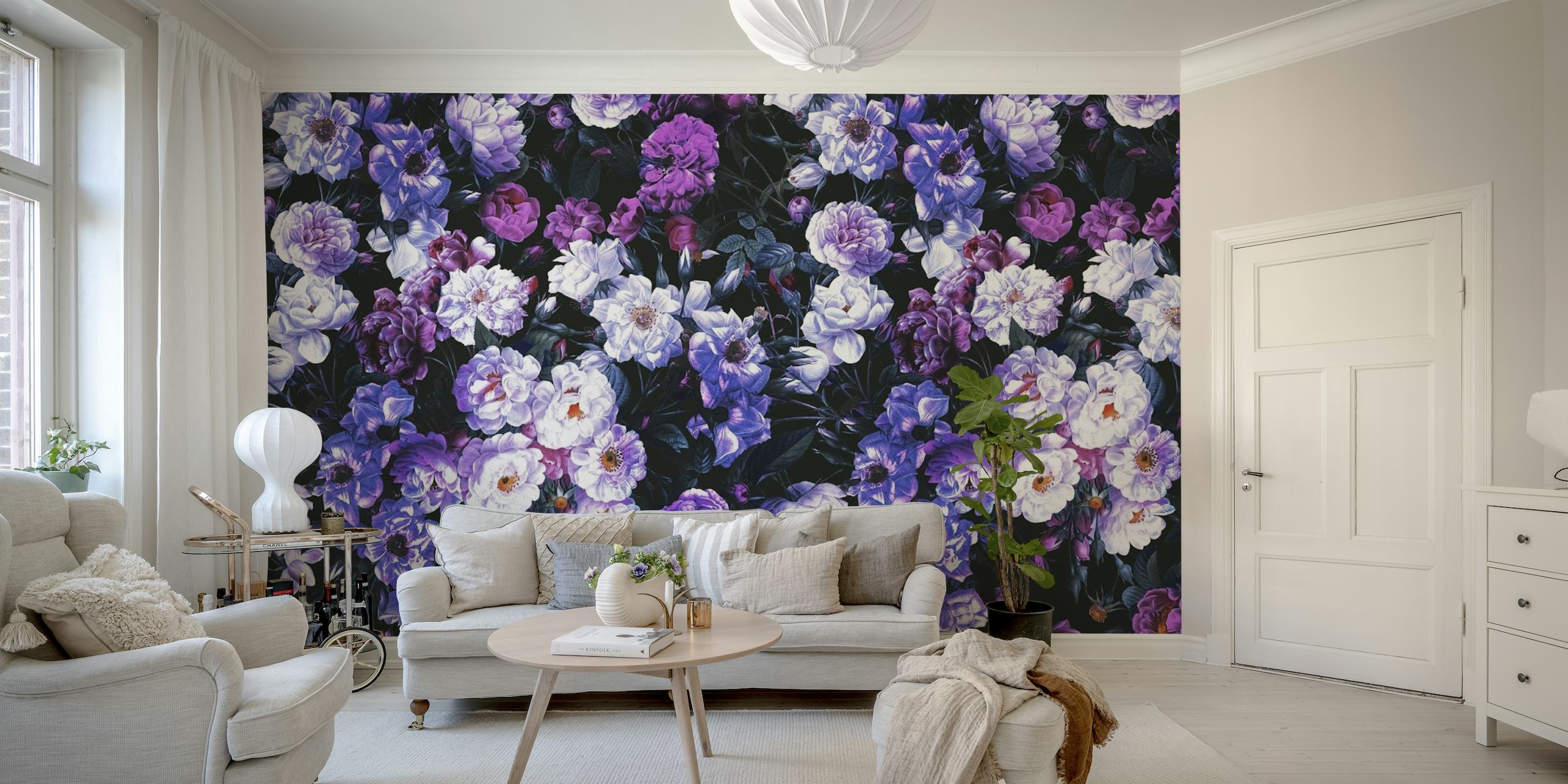Dark floral rose garden wall mural with a nighttime theme