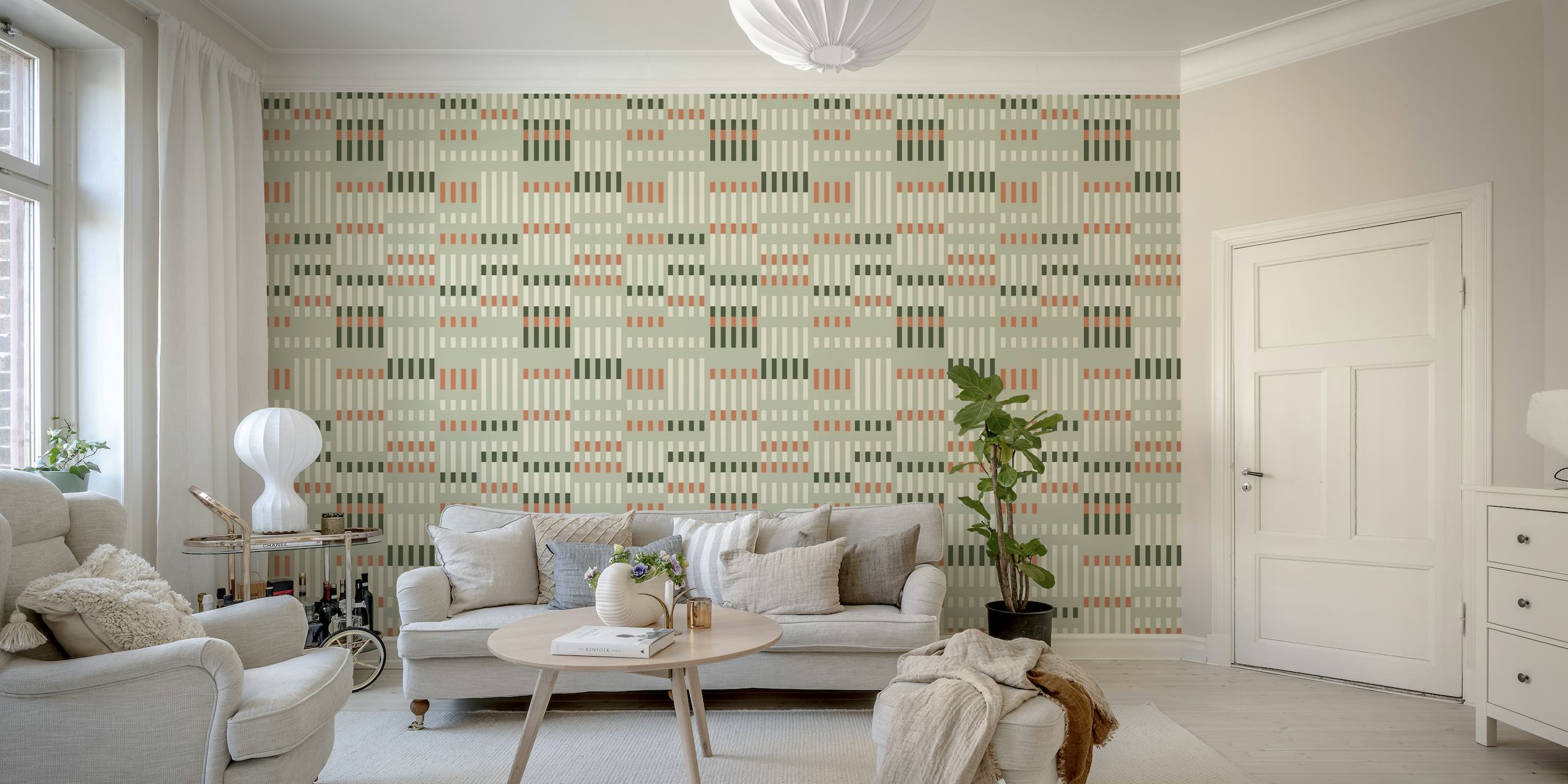 Abstract shapes wall mural in hues of beige, terra cotta, and pastel blue