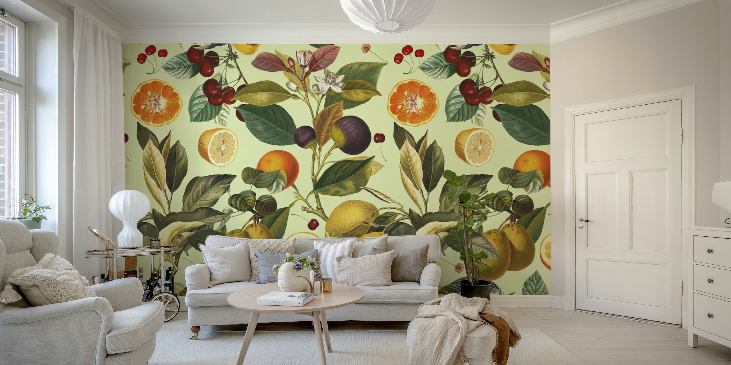 Fotomural vinílico de parede com padrão botânico e frutas vintage com frutas cítricas, frutas vermelhas e ameixas.