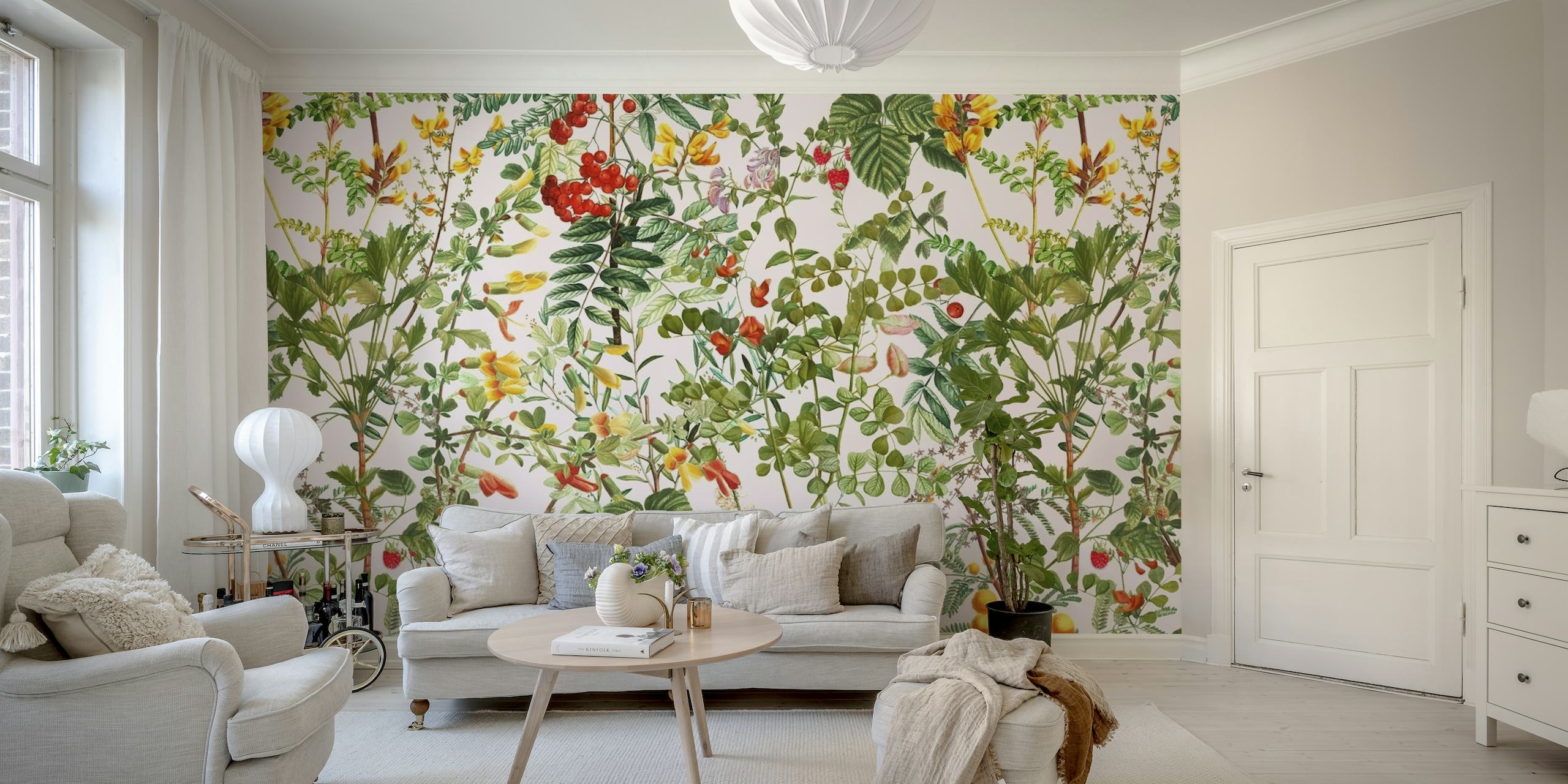 Mural de parede exuberante inspirado em prados de verão com uma variedade de flores e vegetação