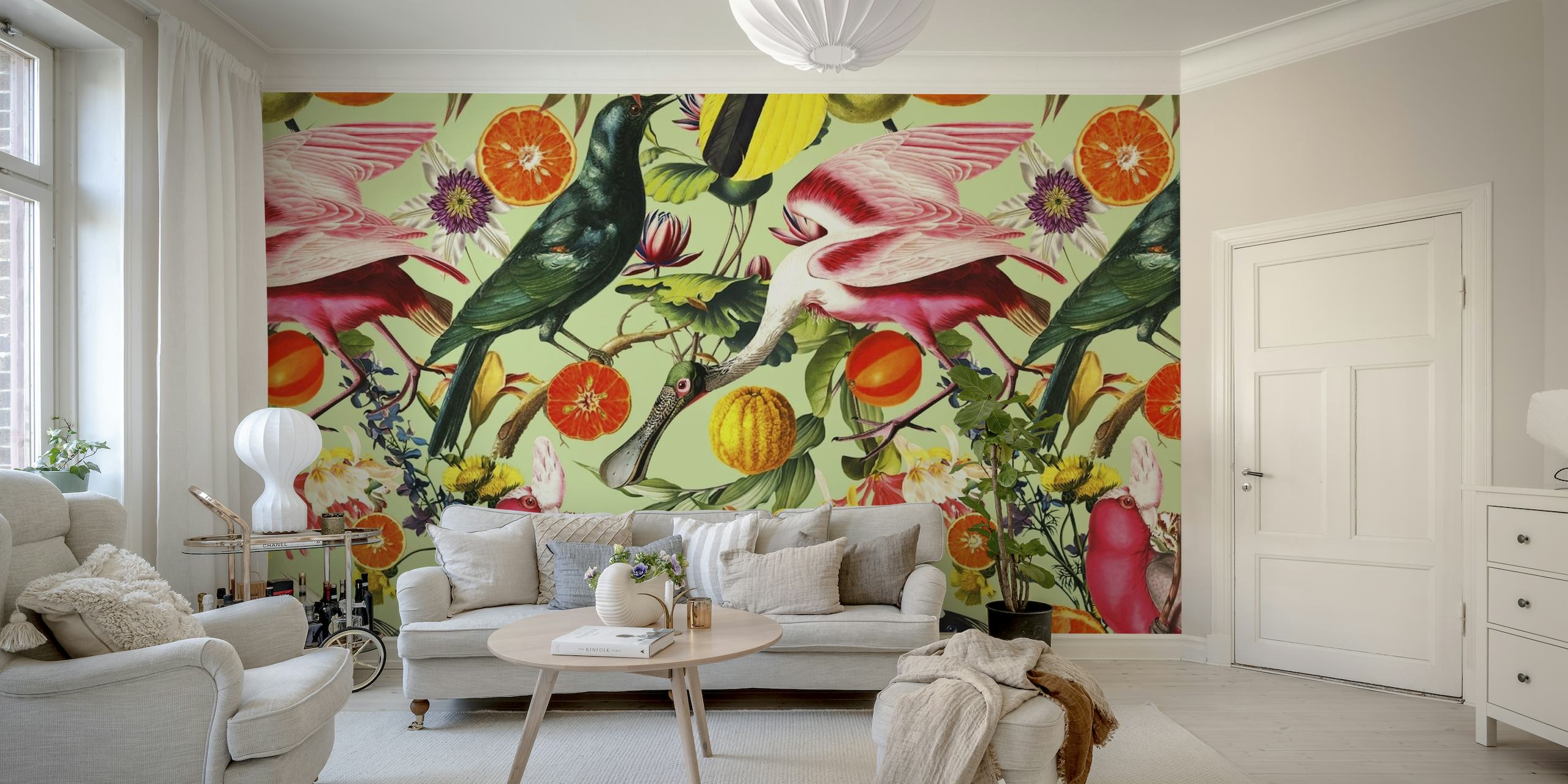 Colorful wall mural of exotic birds and vibrant flowers on a serene background