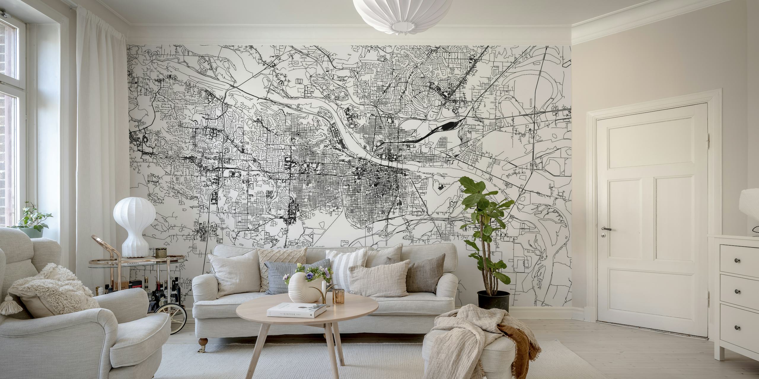 Mural monocromático do mapa de Little Rock com layout detalhado das ruas