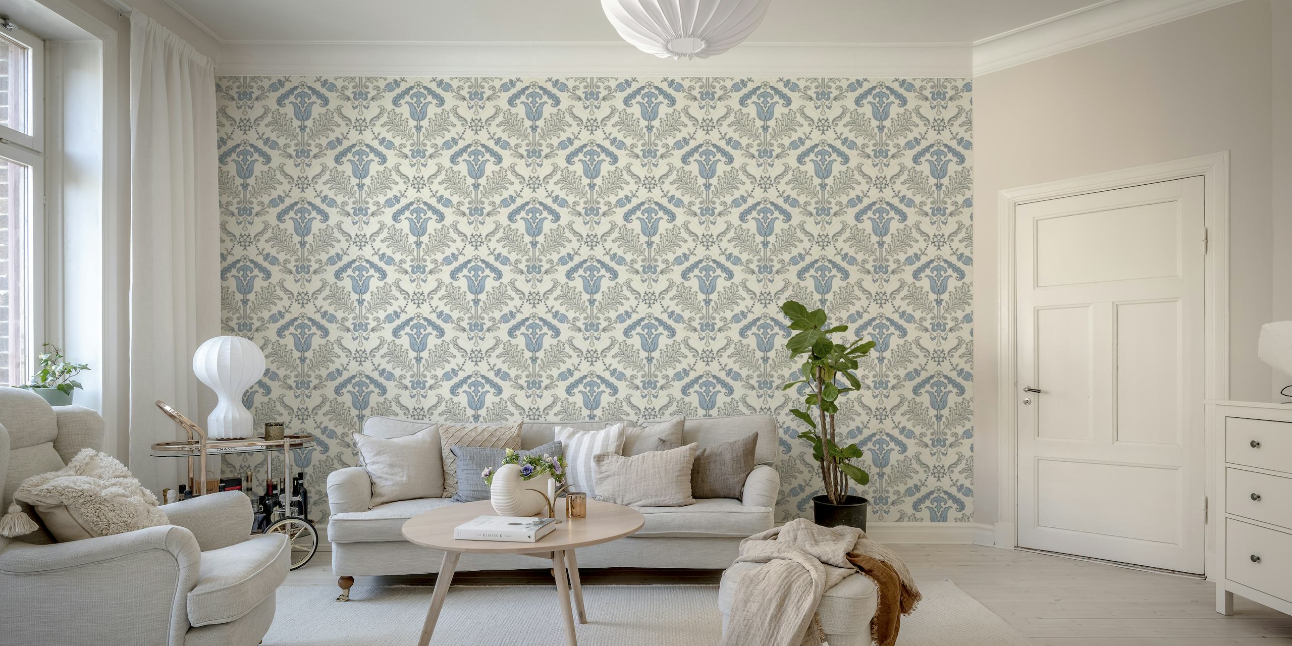 Fotomural con estampado de tulipanes estilizados en azul claro para decoración del hogar.