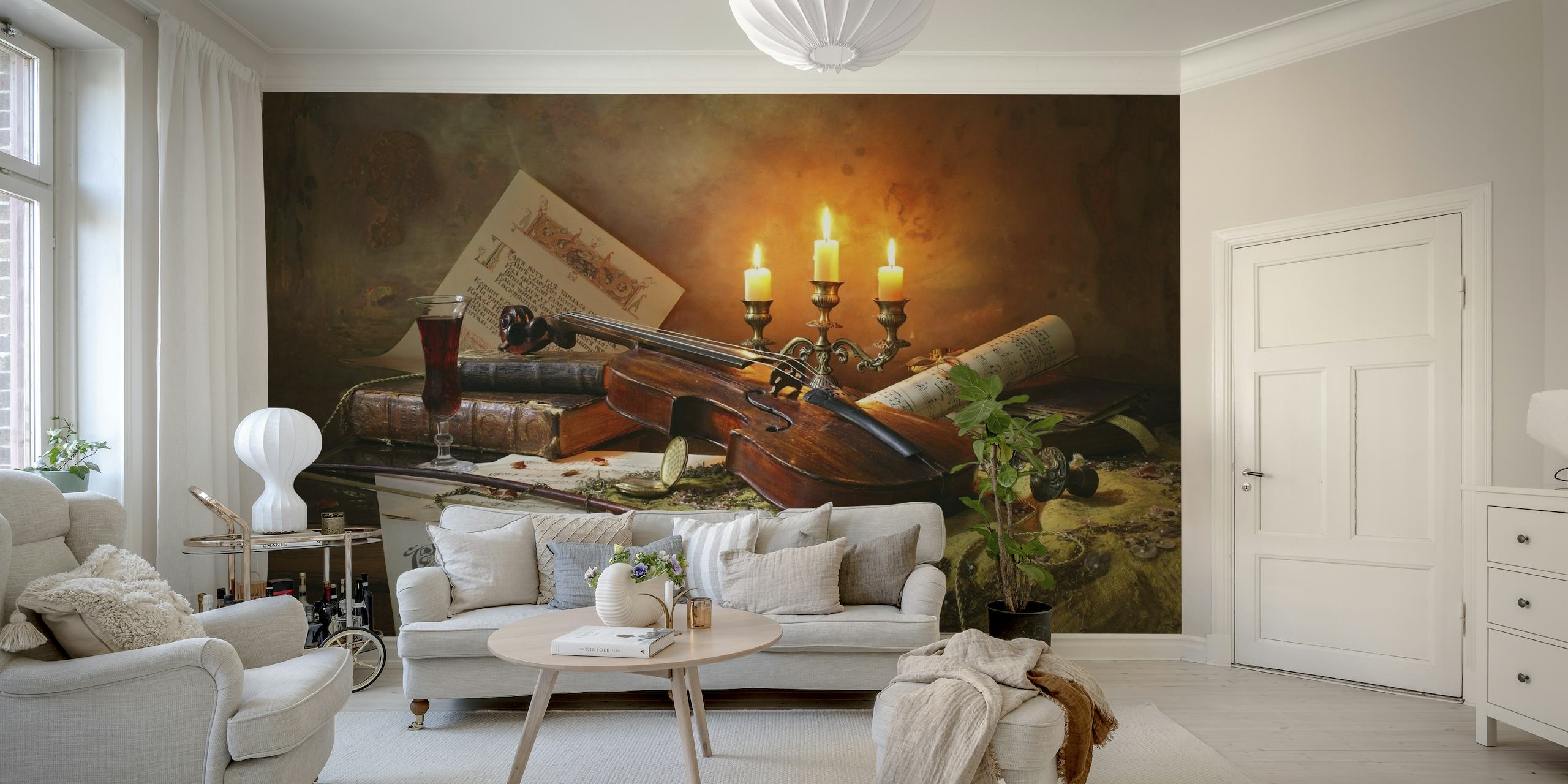 Still life with violin and candles wallpaper