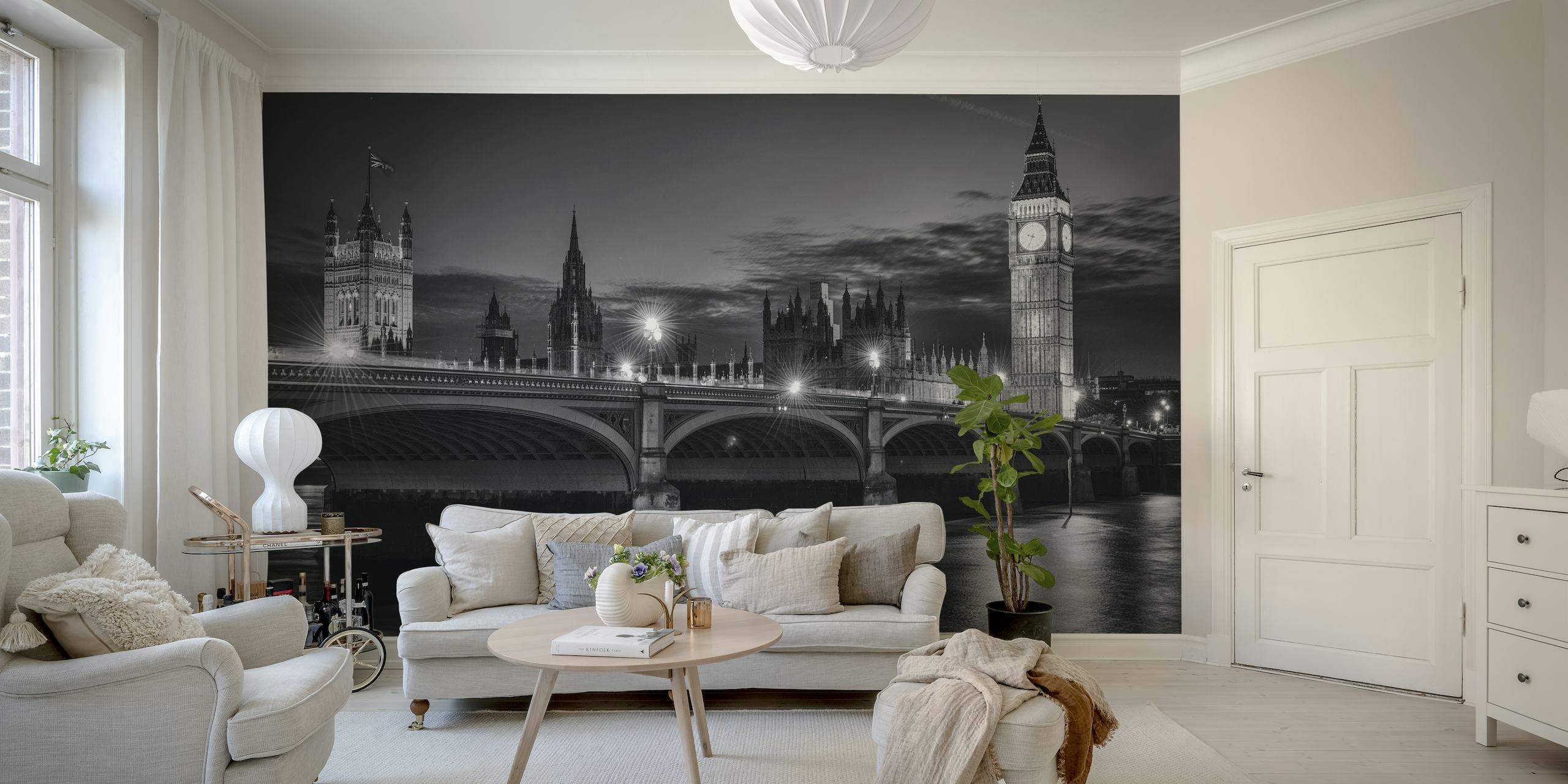Monochromatic cityscape wall mural depicting historical landmarks and a bridge