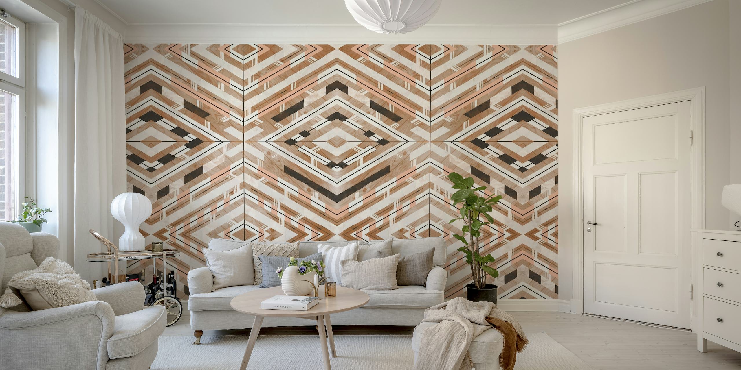 Southwestern Boho-style wall mural with linear geometric patterns