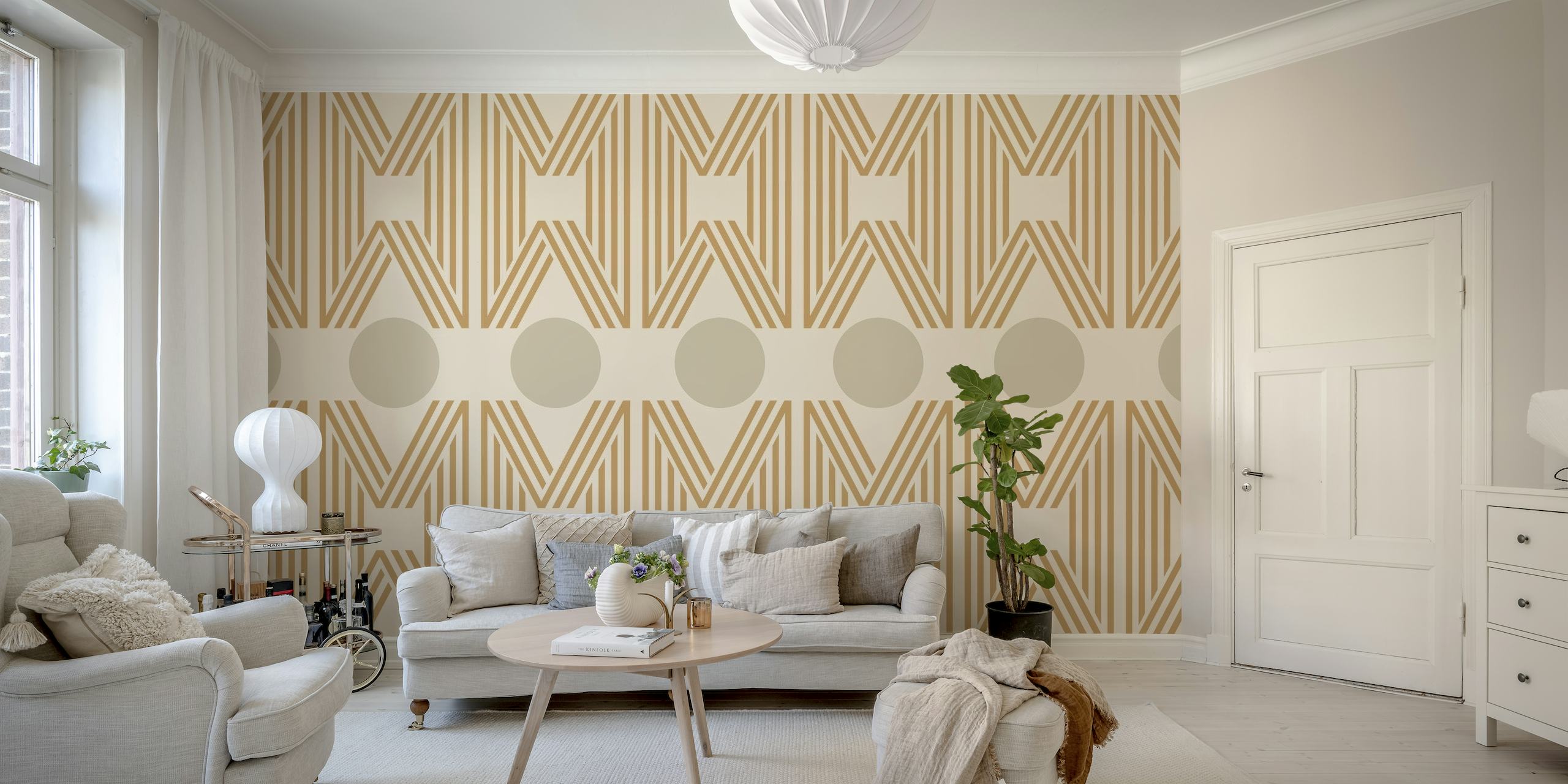 Elegantni japanski minimalistički geometrijski zidni mural u nježnim neutralnim tonovima