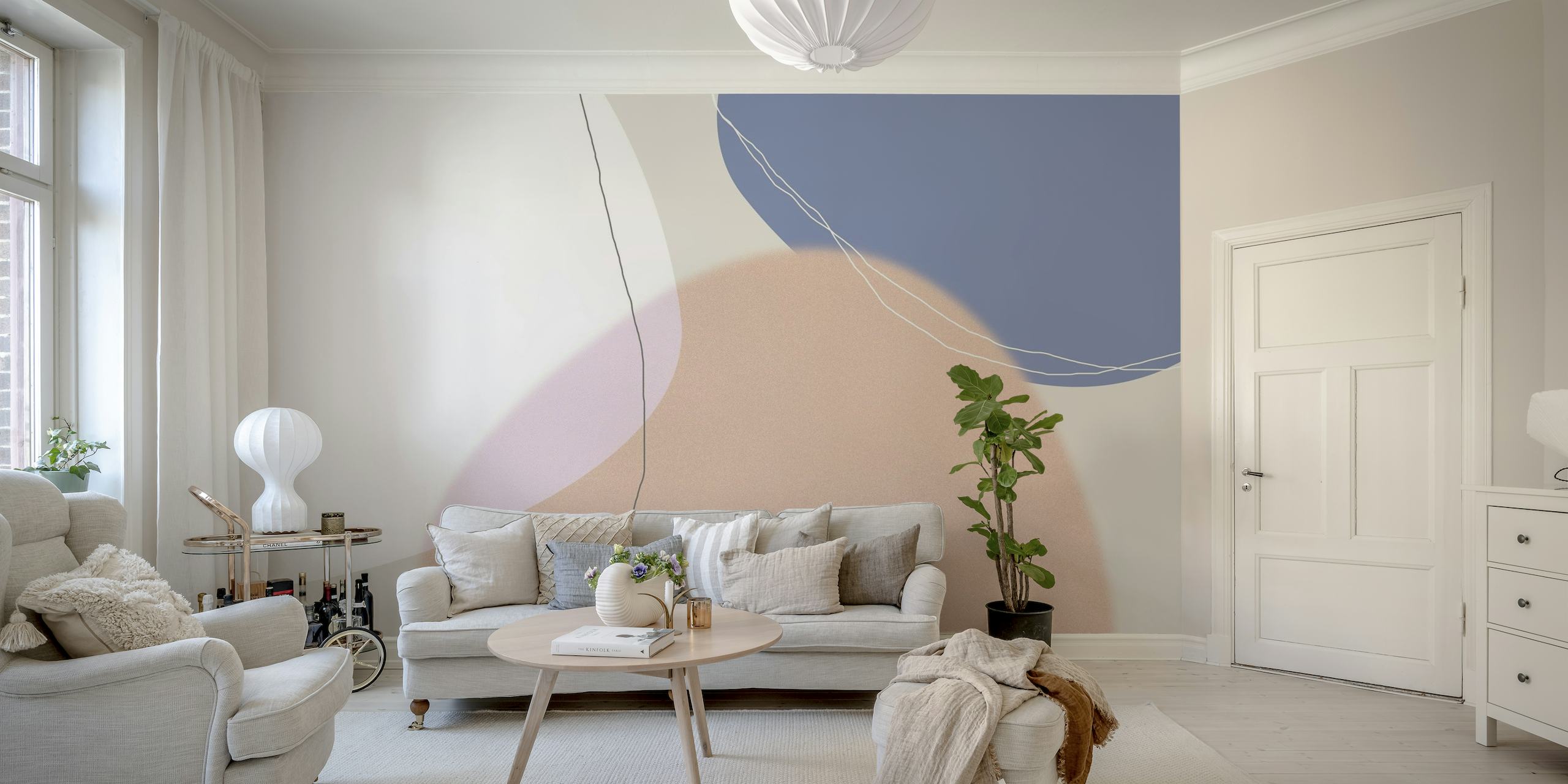 Mural de parede Abstract Graphic 292 com formas em blush, creme e azul profundo